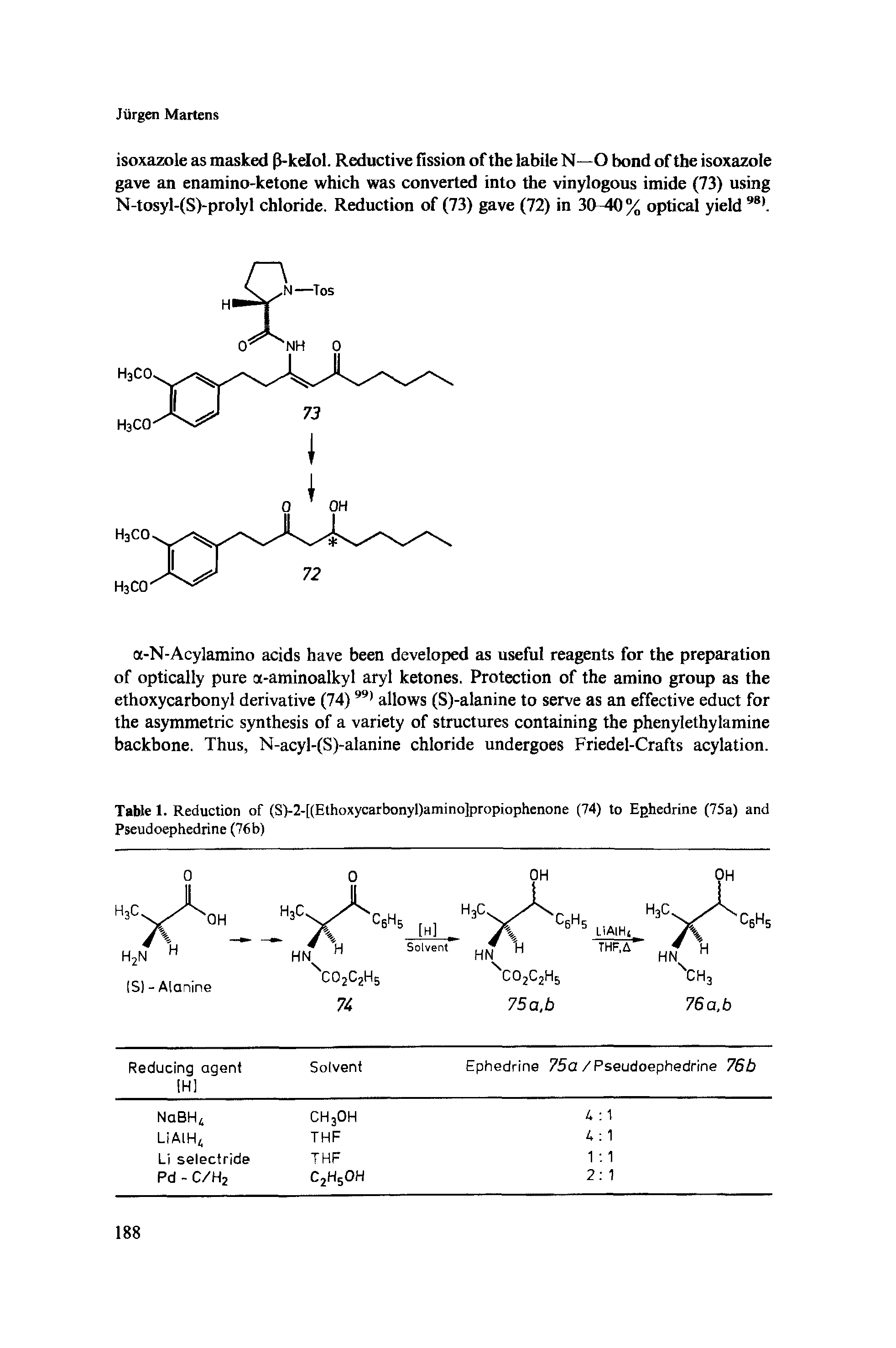 Table 1. Reduction of (S)-2-[(Ethoxycarbonyl)amino]propiophenone (74) to Ephedrine (75a) and Pseudoephedrine (76 b)...