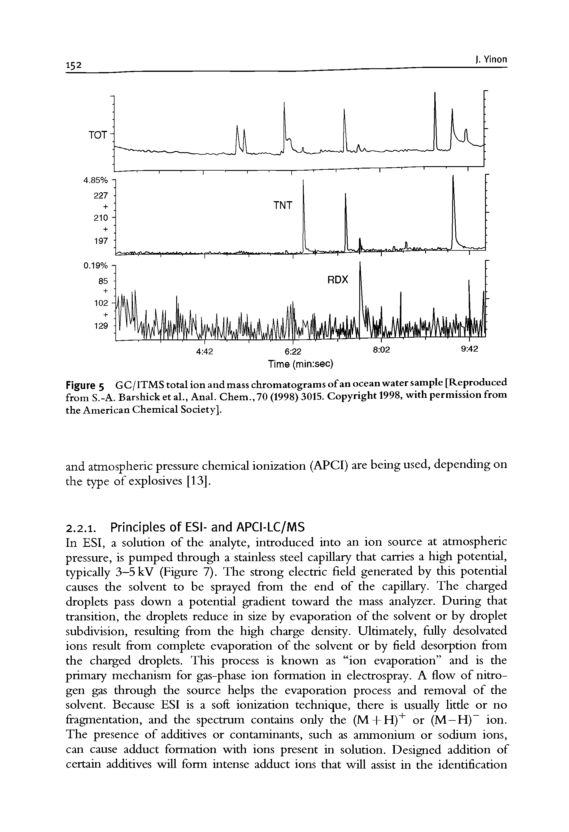 Figure 5 GC/ITMS total ion and mass chromatograms of an ocean water sample [Reproduced from S.-A. Barshicket al., Anal. Chem.,70 (1998) 3015. Copyright 1998, with permission from the American Chemical Society].