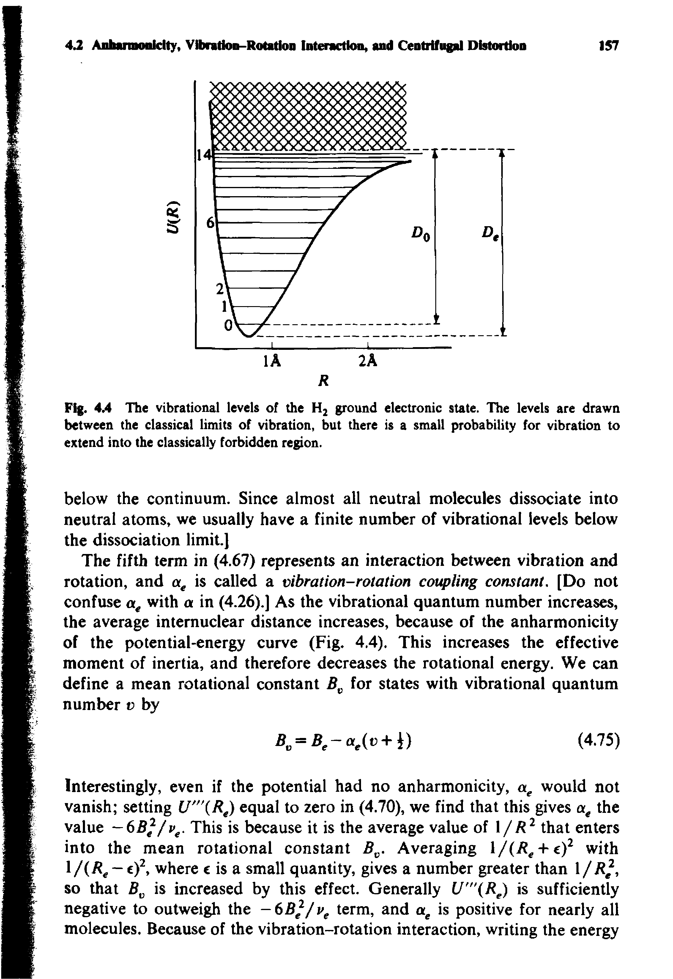 Fig. 4A The vibrational levels of the H2 ground electronic state. The levels are drawn between the classical limits of vibration, but there is a small probability for vibration to extend into the classically forbidden region.