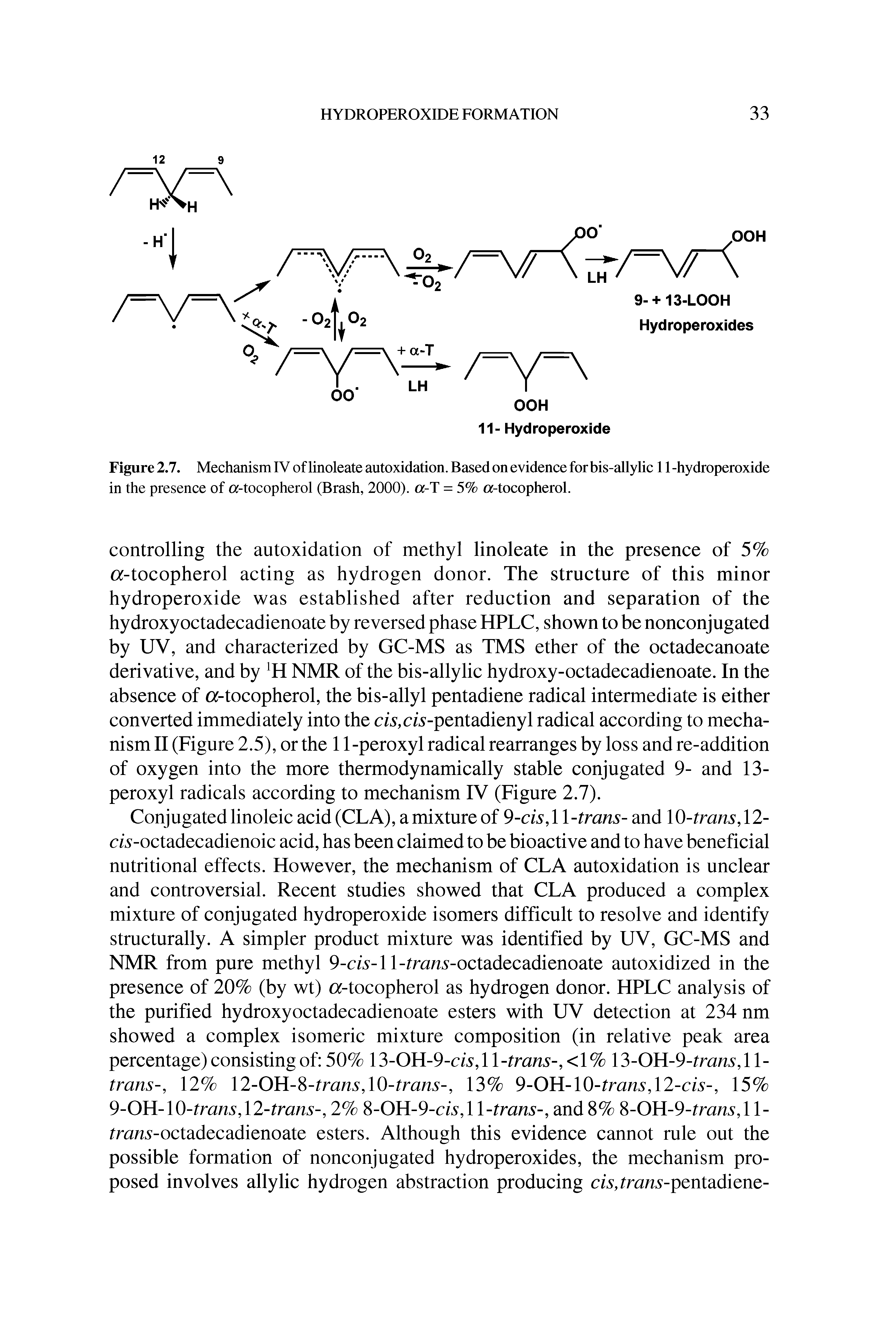 Figure 2.7. Mechanism IV of linoleate autoxidation. Based on evidence forbis-allylic 11 -hydroperoxide in the presence of a-tocopherol (Brash, 2000). a-T = 5% a-tocopherol.