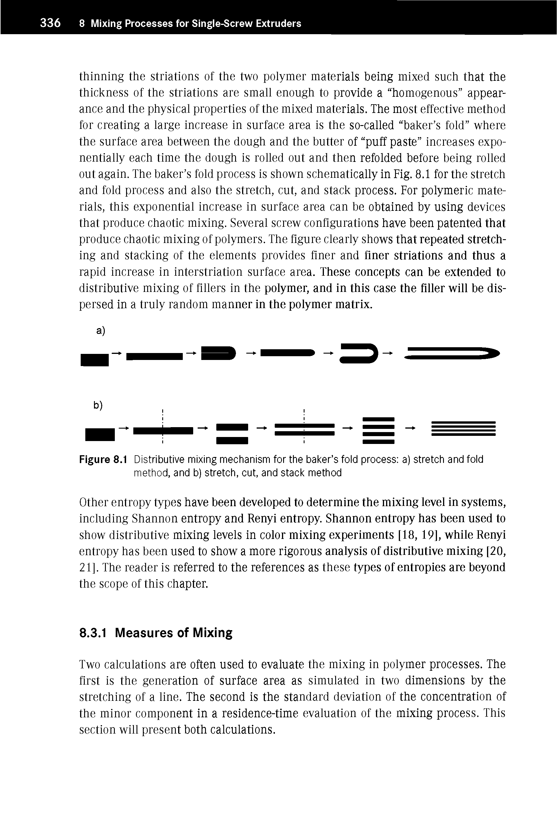 Figure 8.1 Distributive mixing mechanism for the baker s fold process a) stretch and fold method, and b) stretch, cut, and stack method...