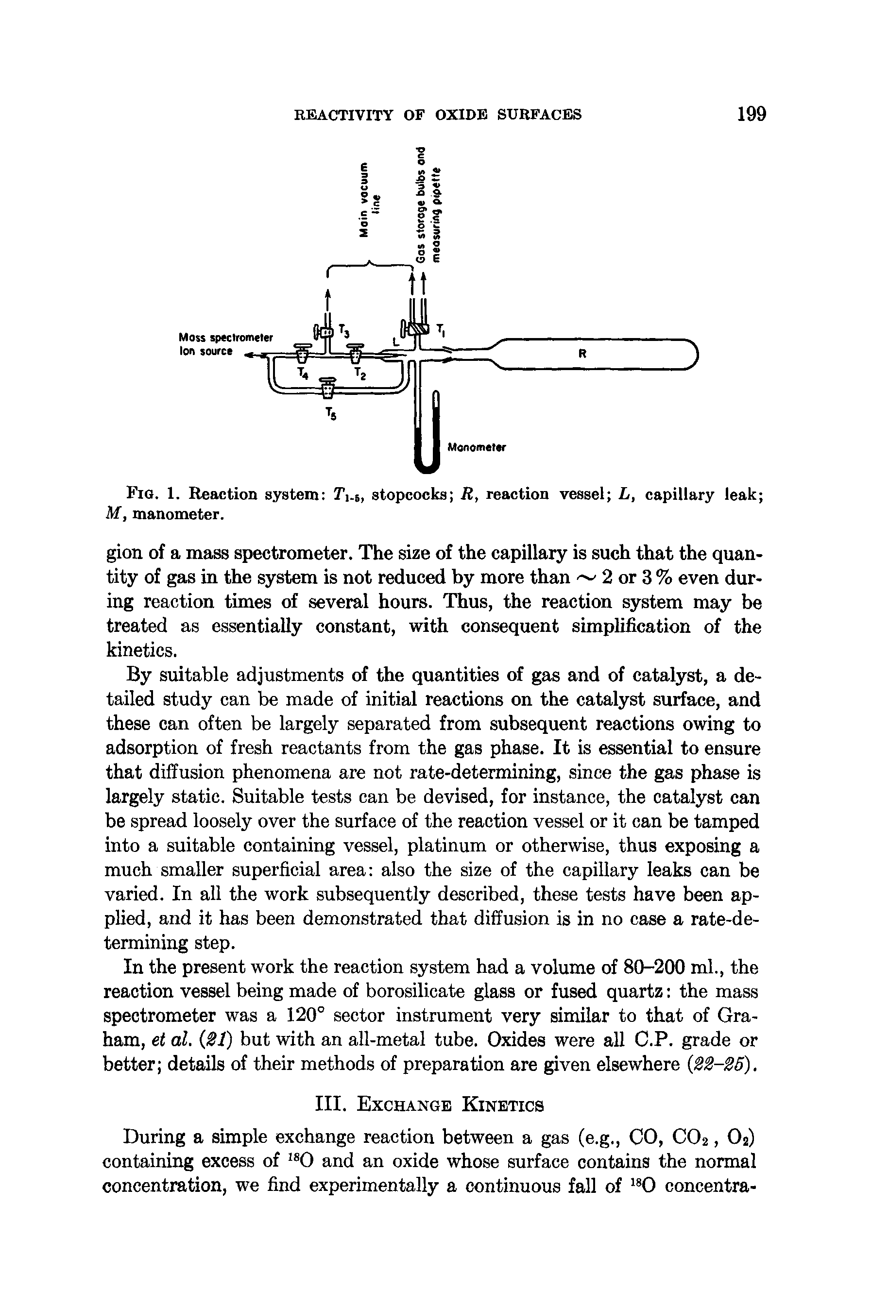 Fig. 1. Reaction system TVs, stopcocks R, reaction vessel L, capillary leak M, manometer.