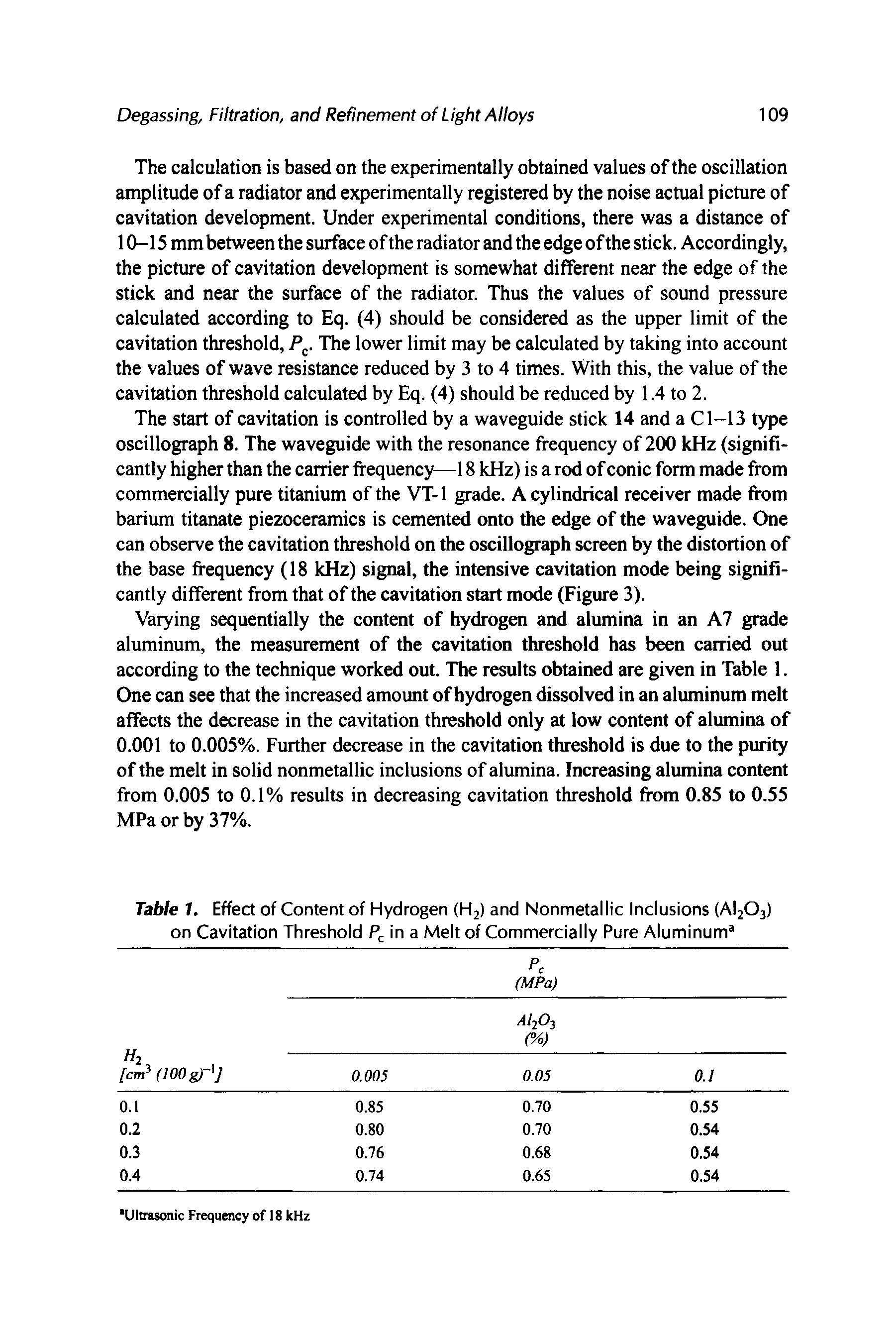 Table 1. Effect of Content of Hydrogen (H2) and Nonmetallic Inclusions (Al203) on Cavitation Threshold Pc in a Melt of Commercially Pure Aluminum3...