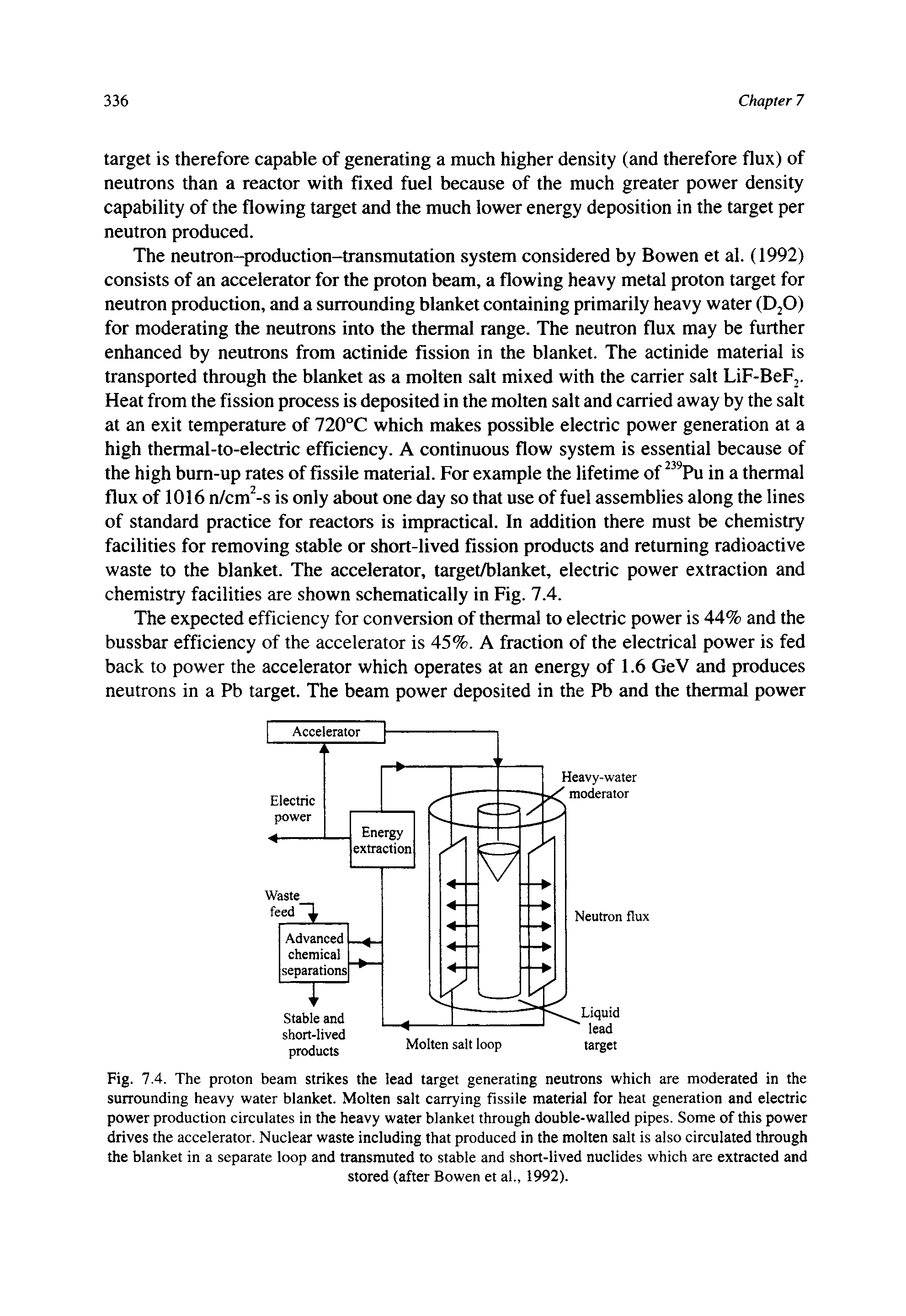 Fig. 7.4. The proton beam strikes the lead target generating neutrons which are moderated in the surrounding heavy water blanket. Molten salt carrying fissile material for heat generation and electric power production circulates in the heavy water blanket through double-walled pipes. Some of this power drives the accelerator. Nuclear waste including that produced in the molten salt is also circulated through the blanket in a separate loop and transmuted to stable and short-lived nuclides which are extracted and...