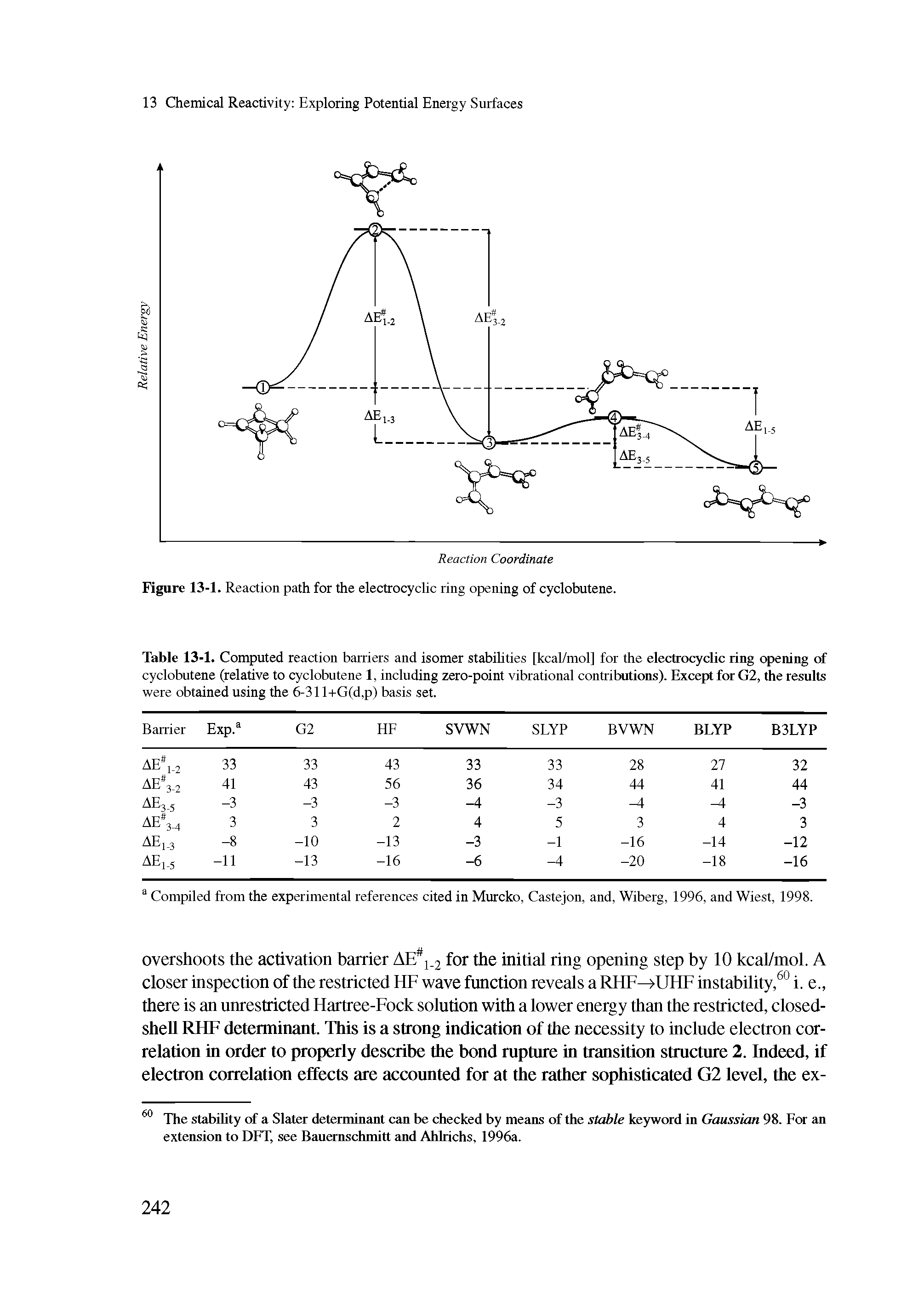 Table 13-1. Computed reaction barriers and isomer stabilities [kcal/mol] for the electrocyclic ring opening of cyclobutene (relative to cyclobutene 1, including zero-point vibrational contributions). Except for G2, the results were obtained using the 6-311+G(d,p) basis set.