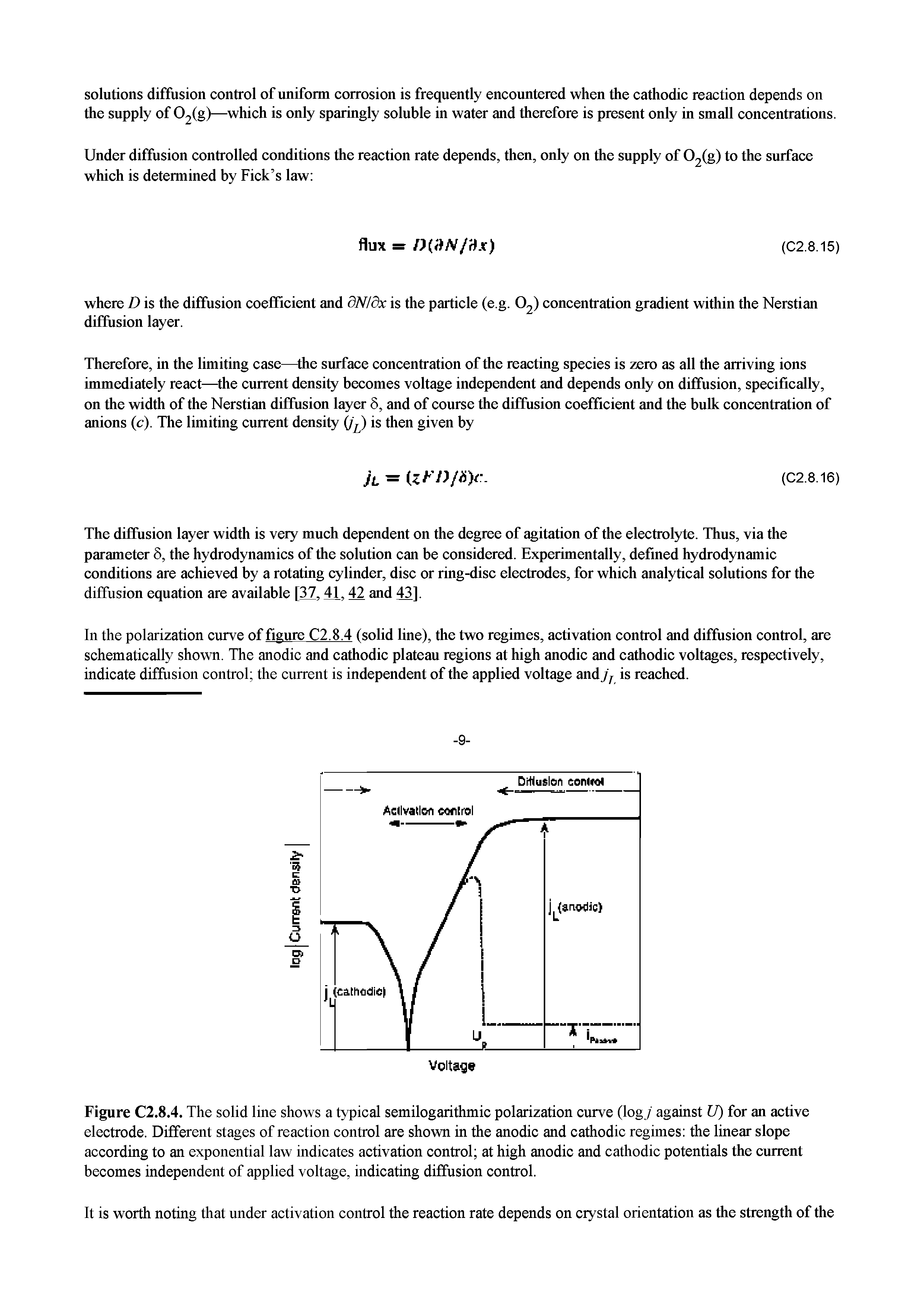 Figure C2.8.4. The solid line shows a typical semilogarithmic polarization curve (logj against U) for an active electrode. Different stages of reaction control are shown in the anodic and cathodic regimes the linear slope according to an exponential law indicates activation control at high anodic and cathodic potentials the current becomes independent of applied voltage, indicating diffusion control.