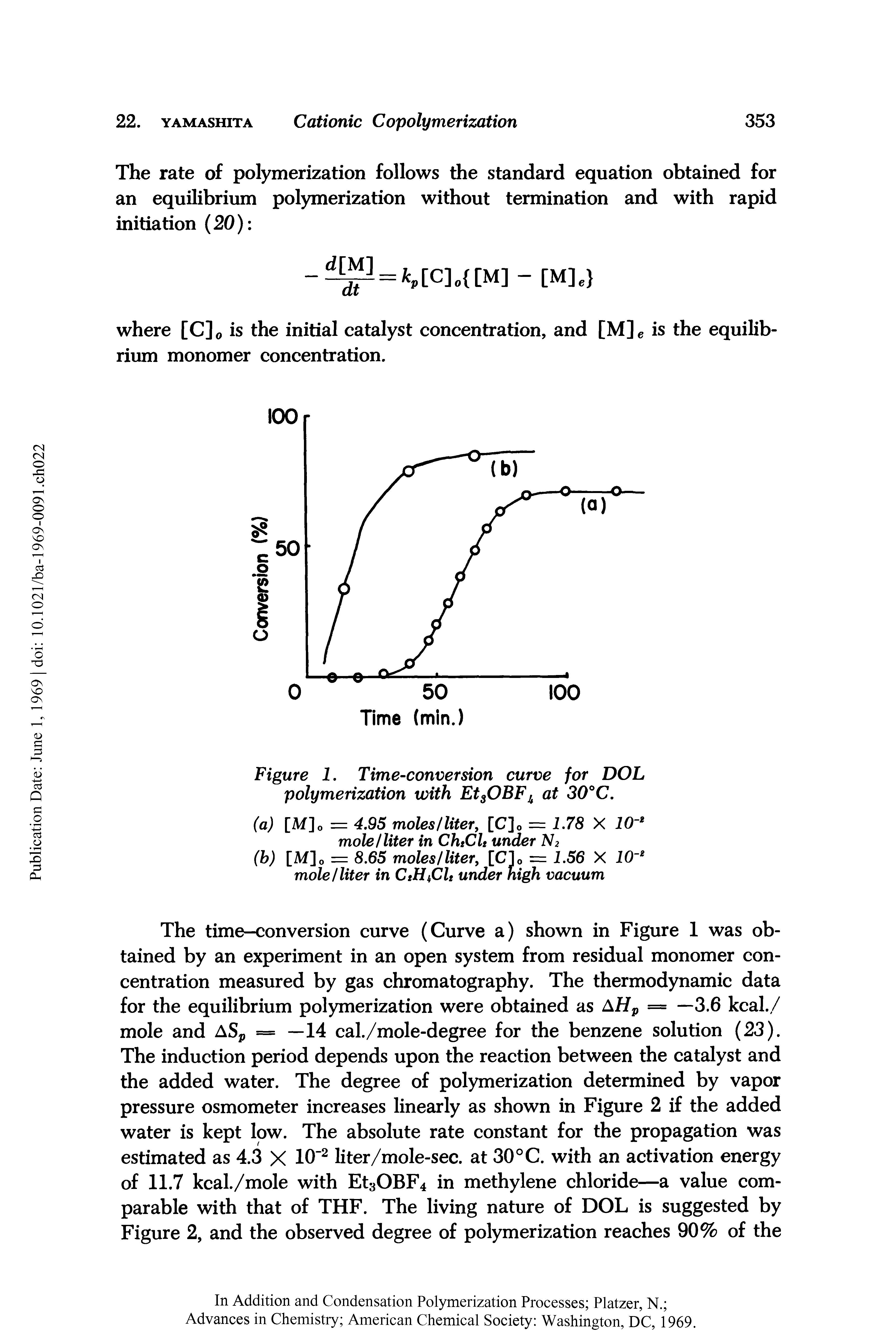 Figure 1. Time-conversion curve for DOL polymerization with EtsOBFh at 30°C.