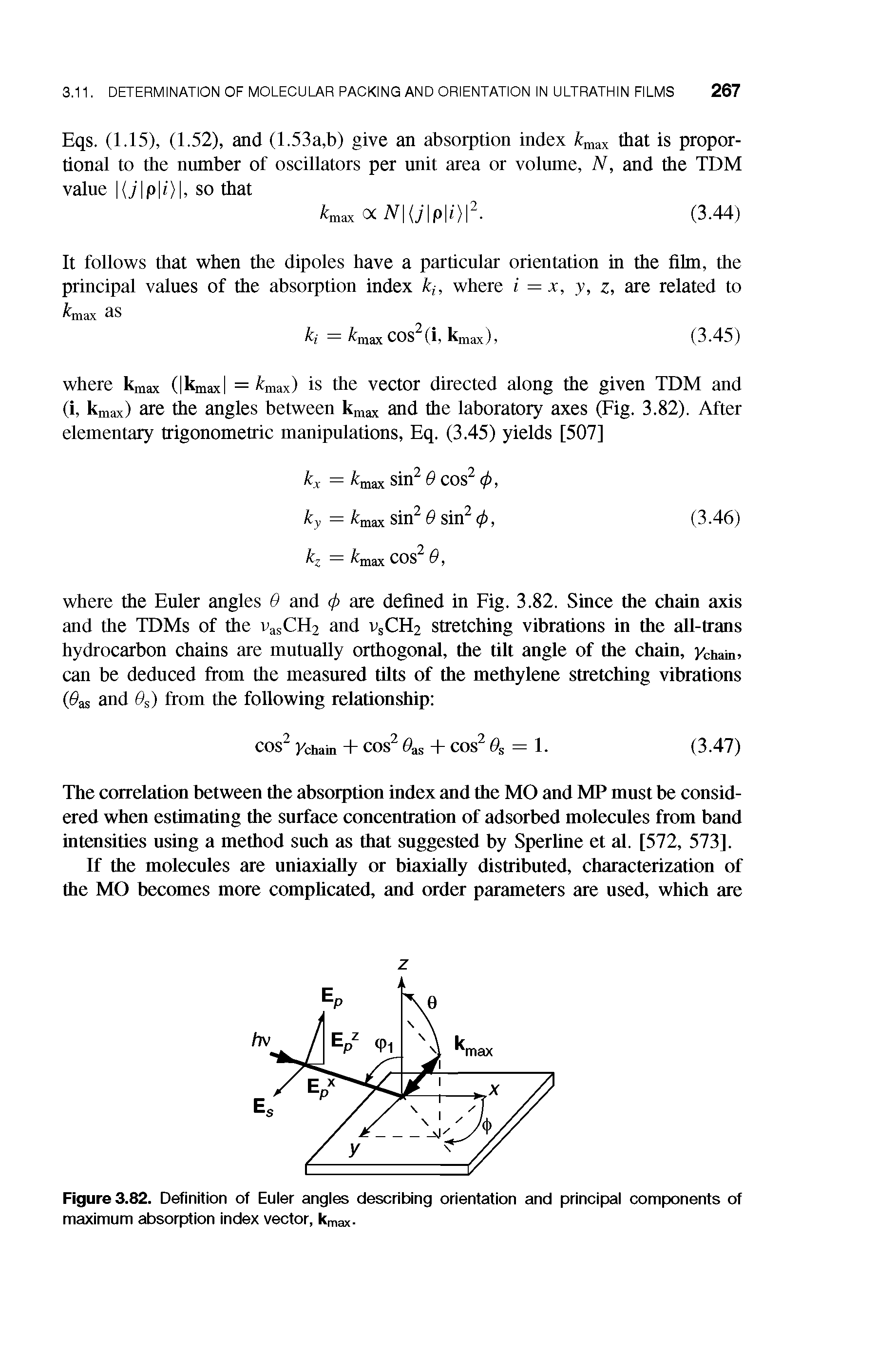 Figure 3.82. Definition of Euier angies describing orientation and principai components of maximum absorption index vector, kmax-...