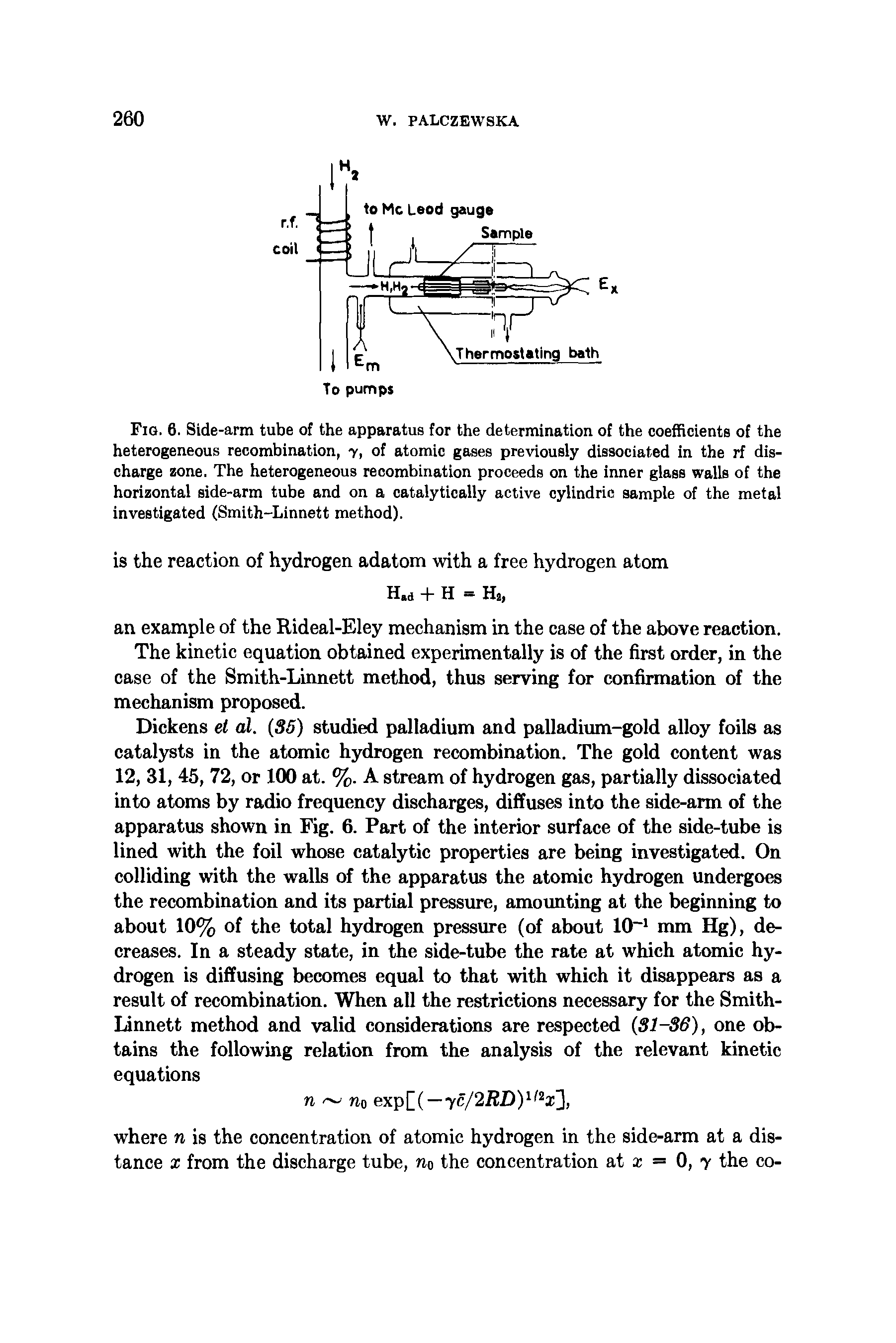 Fig. 6. Side-arm tube of the apparatus for the determination of the coefficients of the heterogeneous recombination, y, of atomic gases previously dissociated in the rf discharge zone. The heterogeneous recombination proceeds on the inner glass walls of the horizontal side-arm tube and on a catalytically active cylindric sample of the metal investigated (Smith-Linnett method).