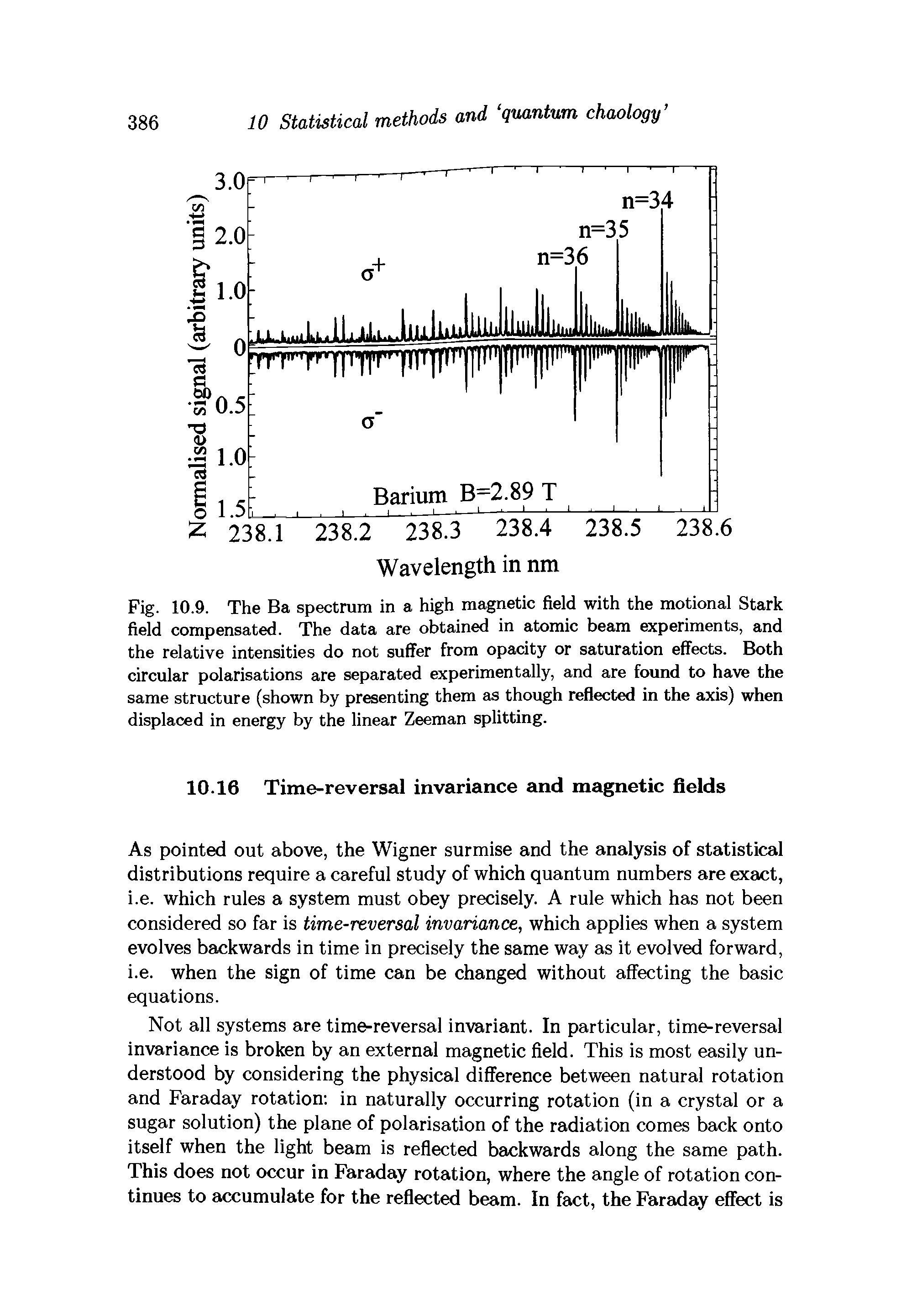Fig. 10.9. The Ba spectrum in a high magnetic field with the motional Stark field compensated. The data are obtained in atomic beam experiments, and the relative intensities do not suffer from opacity or saturation effects. Both circular polarisations are separated experimentally, and are found to have the same structure (shown by presenting them as though reflected in the axis) when displaced in energy by the linear Zeeman splitting.