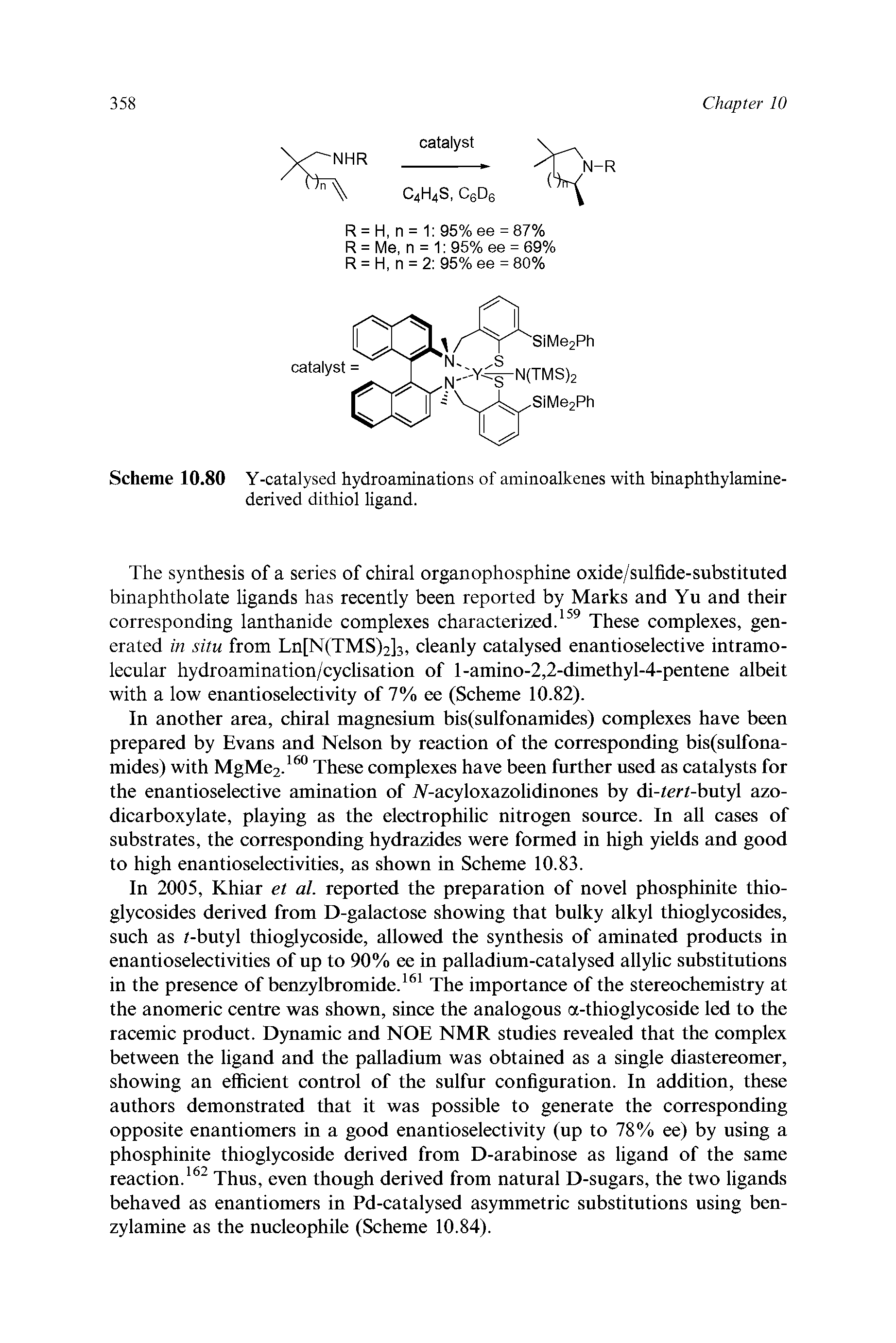 Scheme 10.80 Y-catalysed hydroaminations of aminoalkenes with binaphthylamine-derived dithiol ligand.