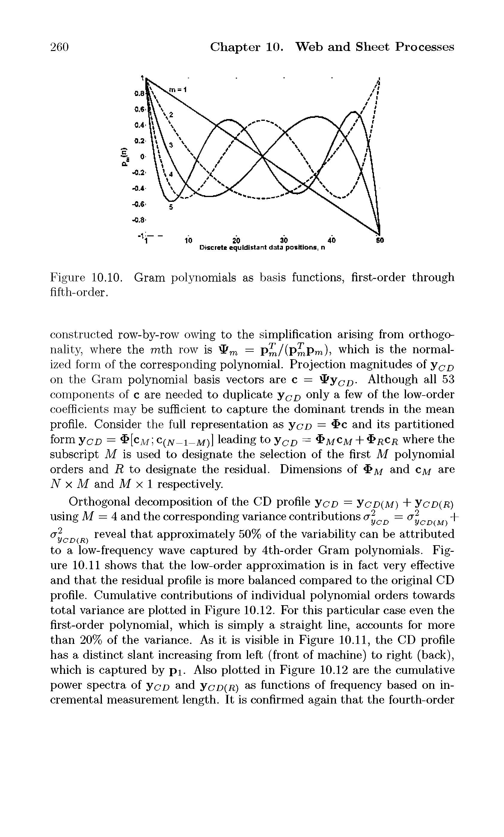 Figure 10.10. Gram polynomials as basis functions, first-order through fifth-order.