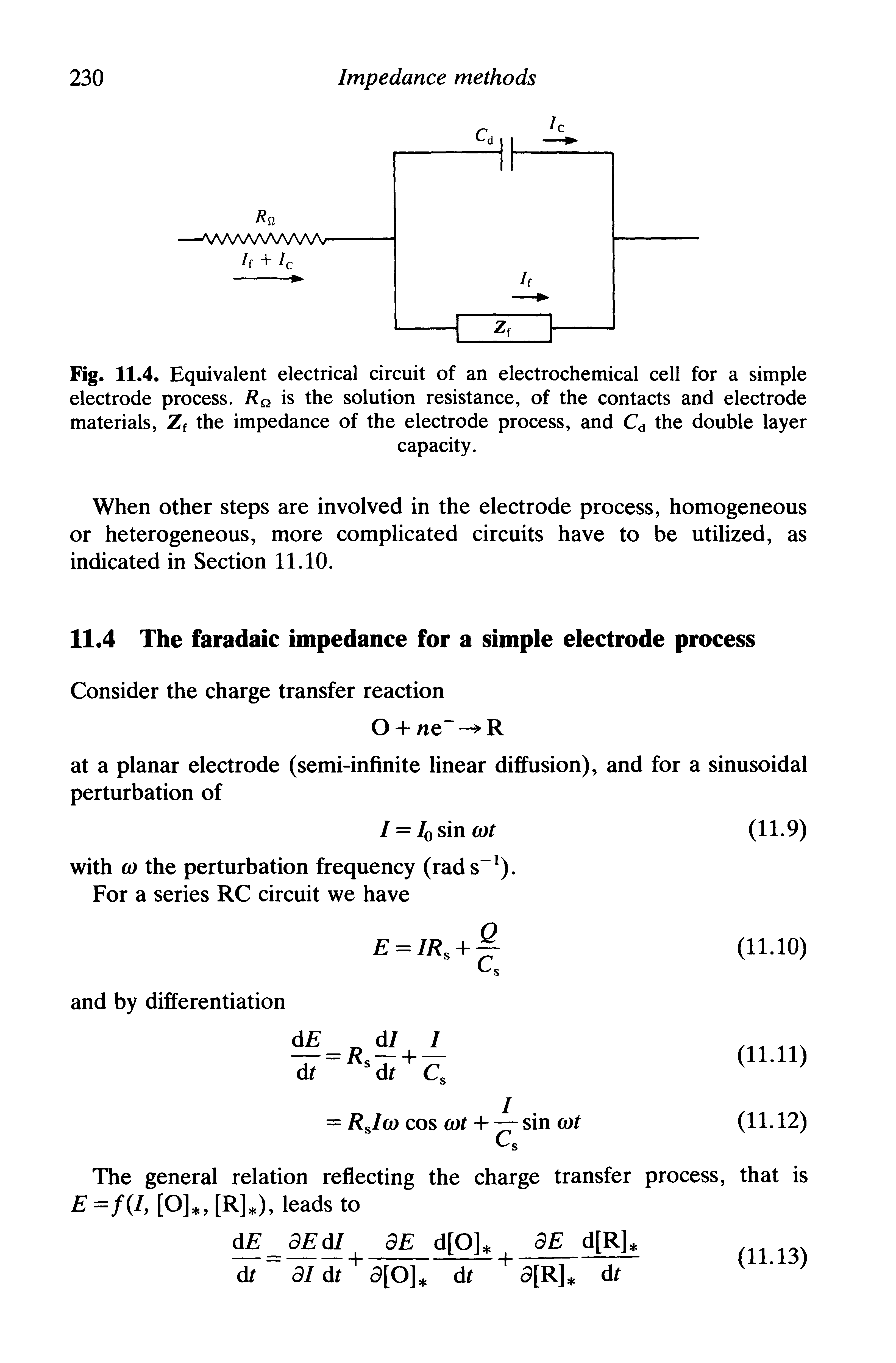 Fig. 11.4. Equivalent electrical circuit of an electrochemical cell for a simple electrode process. R is the solution resistance, of the contacts and electrode materials, Zf the impedance of the electrode process, and Cd the double layer...