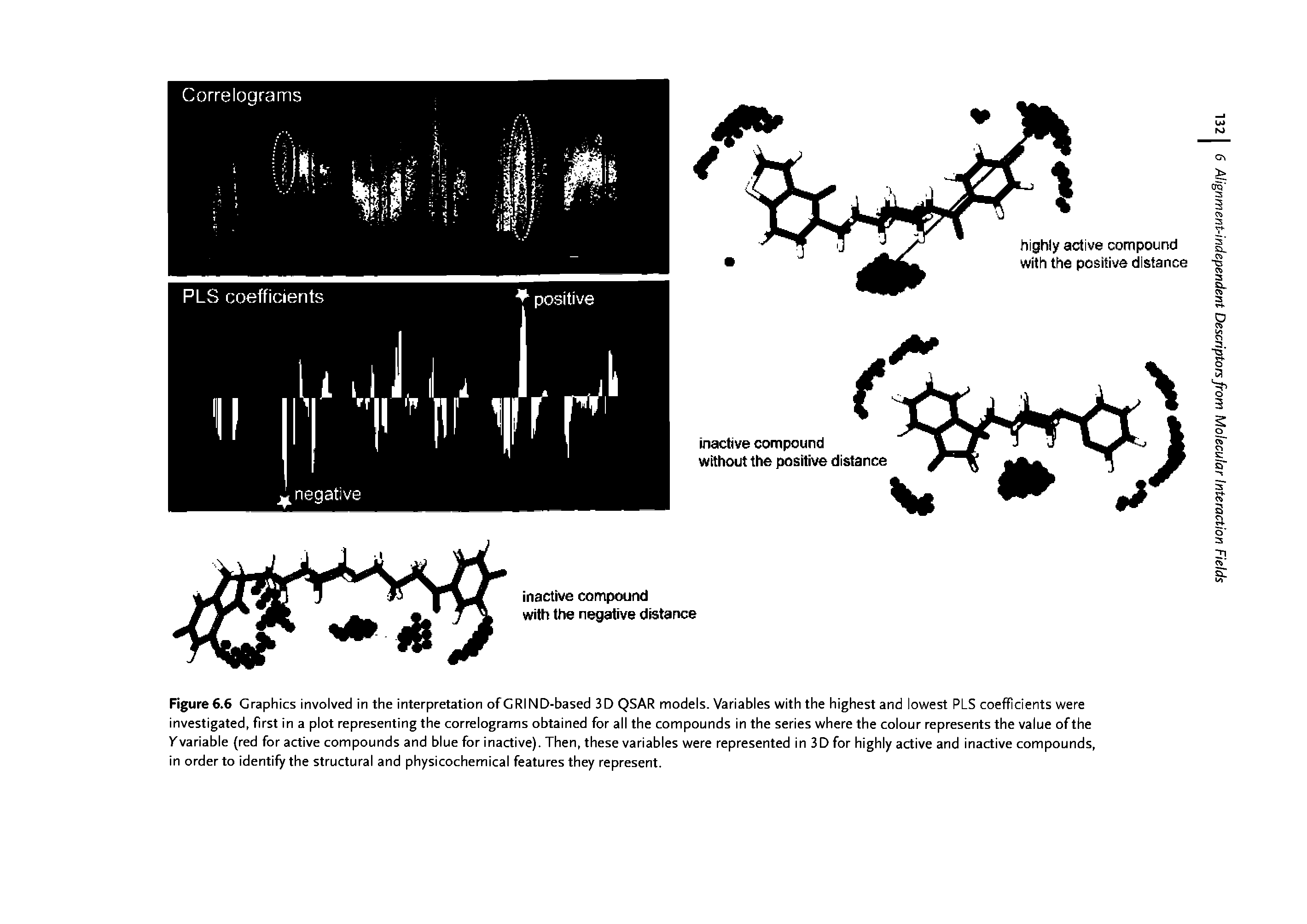 Figure 6.6 Graphics involved in the interpretation of GRIND-based 3D QSAR models. Variables with the highest and lowest PLS coefficients were investigated, first in a plot representing the correlograms obtained for all the compounds in the series where the colour represents the value of the yvariable (red for active compounds and blue for inactive). Then, these variables were represented in 3D for highly active and inactive compounds, in order to identify the structural and physicochemical features they represent.