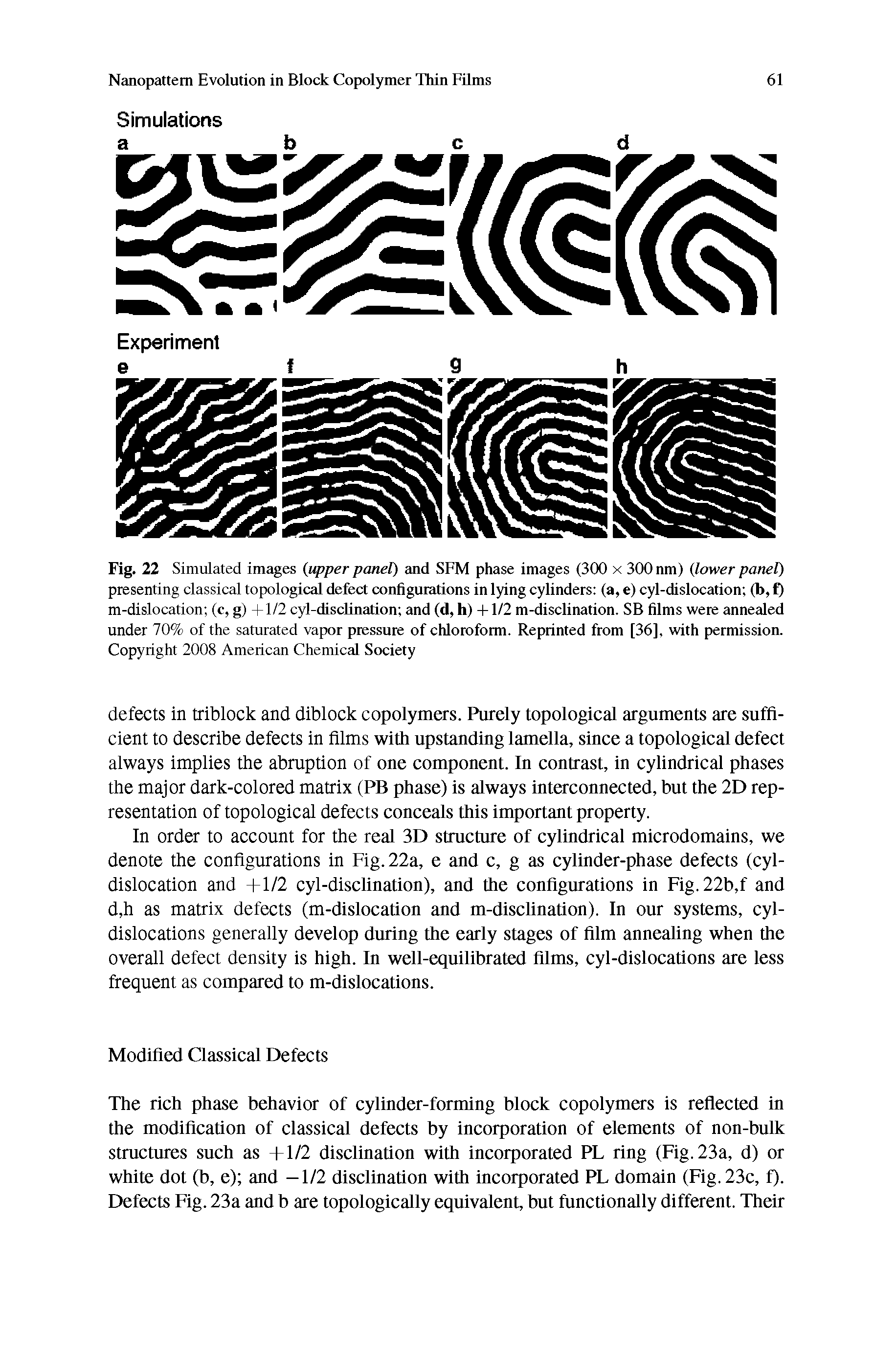 Fig. 22 Simulated images (upper panel) and SFM phase images (300 x 300 nm) (lower panel) presenting classical topological defect configurations in lying cylinders (a, e) cyl-dislocation (b, f) m-dislocation (c, g) +1/2 cyl-disclination and (d, h) +1/2 m-disclination. SB films were annealed under 70% of the saturated vapor pressure of chloroform. Reprinted from [36], with permission. Copyright 2008 American Chemical Society...