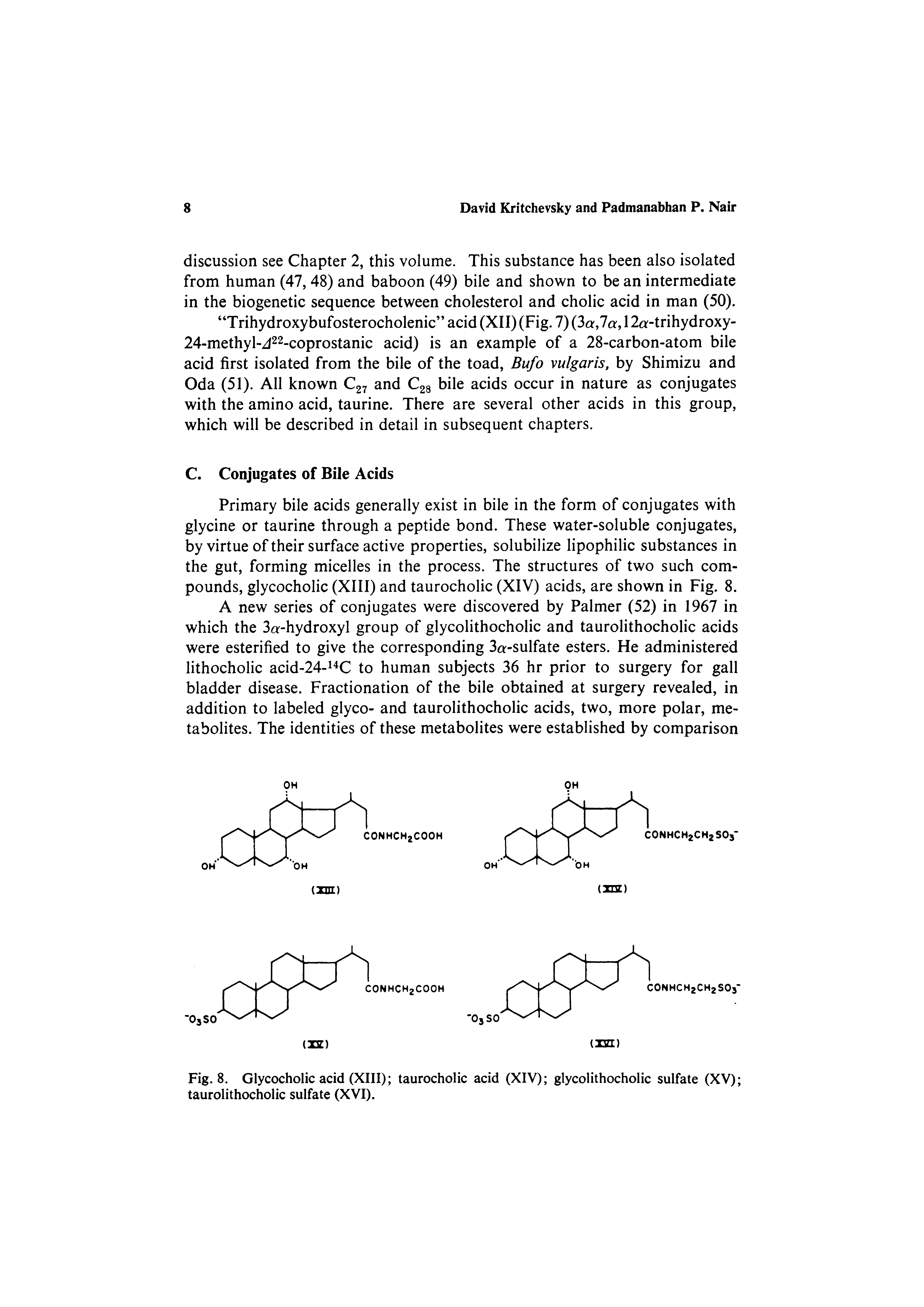 Fig. 8. Glycocholic acid (XIII) taurocholic acid (XIV) glycolithocholic sulfate (XV) taurolithocholic sulfate (XVI).