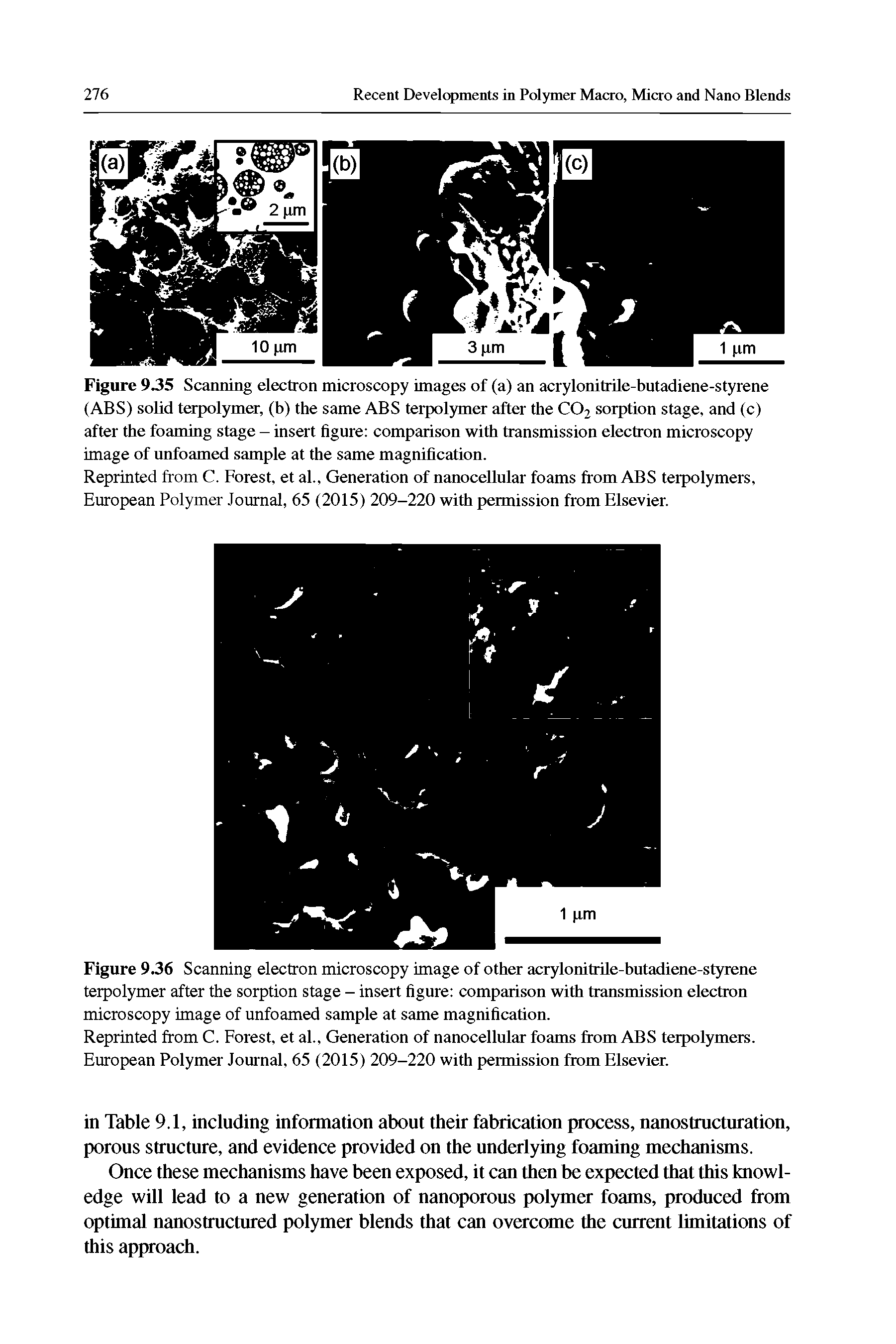 Figure 935 Scanning electron microscopy images of (a) an acrylonitrile-butadiene-styrene (ABS) solid terpolymer, (b) the same ABS terpolymer after the CO2 sorption stage, and (c) after the foaming stage - insert figure comparison with transmission electron microscopy image of unfoamed sample at the same magnification.