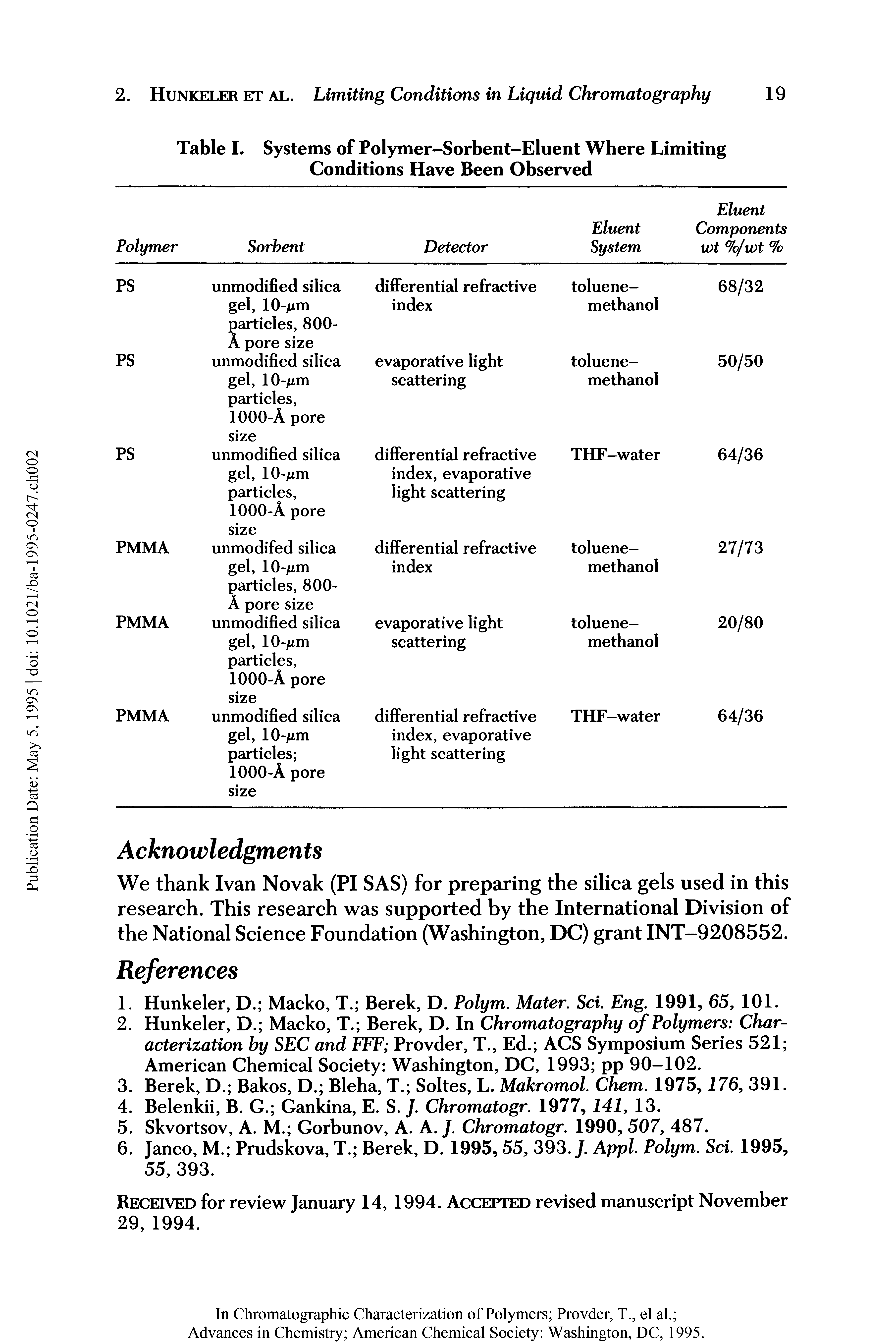 Table I. Systems of Polymer-Sorbent-Eluent Where Limiting Conditions Have Been Observed...