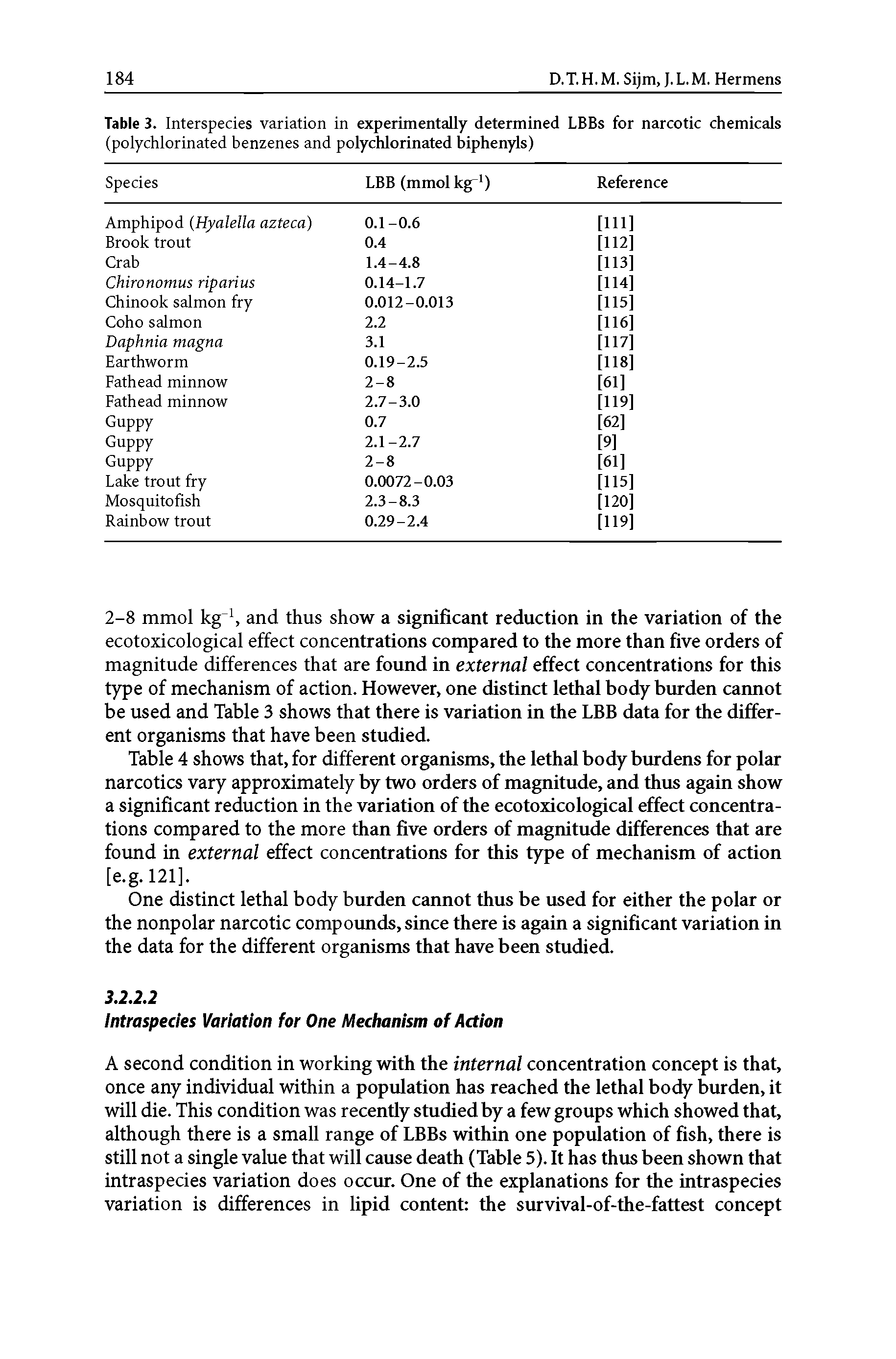 Table 3. Interspecies variation in experimentally determined LBBs for narcotic chemicals (polychlorinated benzenes and polychlorinated biphenyls) ...