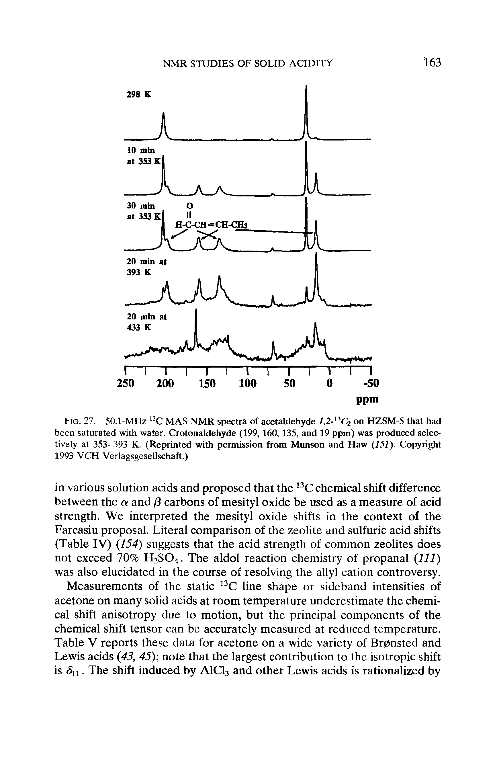 Fig. 27. 50.1-MHz 13C MAS NMR spectra of acetaldehyde-/,2-13C2 on HZSM-5 that had been saturated with water. Crotonaldehyde (199, 160, 135, and 19 ppm) was produced selectively at 353-393 K. (Reprinted with permission from Munson and Haw (151). Copyright 1993 VCH Verlagsgesellschaft.)...