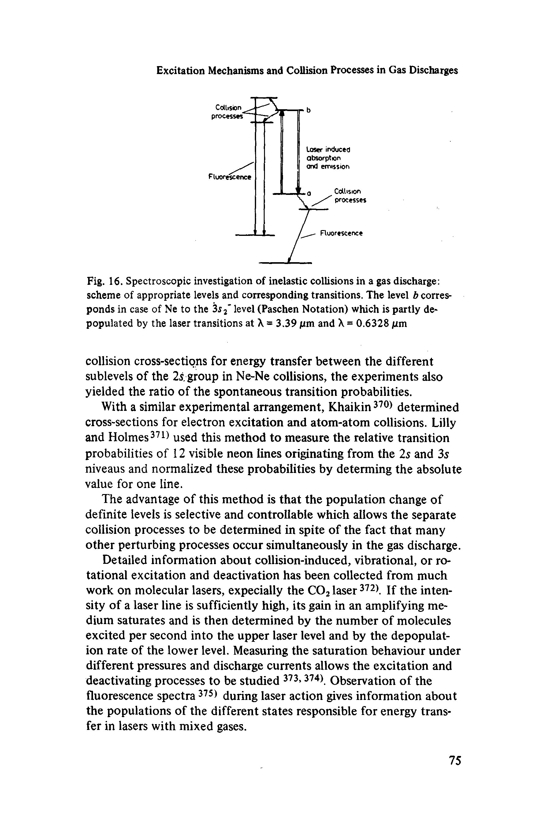 Fig. 16. Spectroscopic investigation of inelastic collisions in a gas discharge scheme of appropriate levels and corresponding transitions. The level b corresponds in case of Ne to the 3 2 level (Paschen Notation) which is partly depopulated by the laser transitions at X = 3.39 ixm and X = 0.6328 jum...