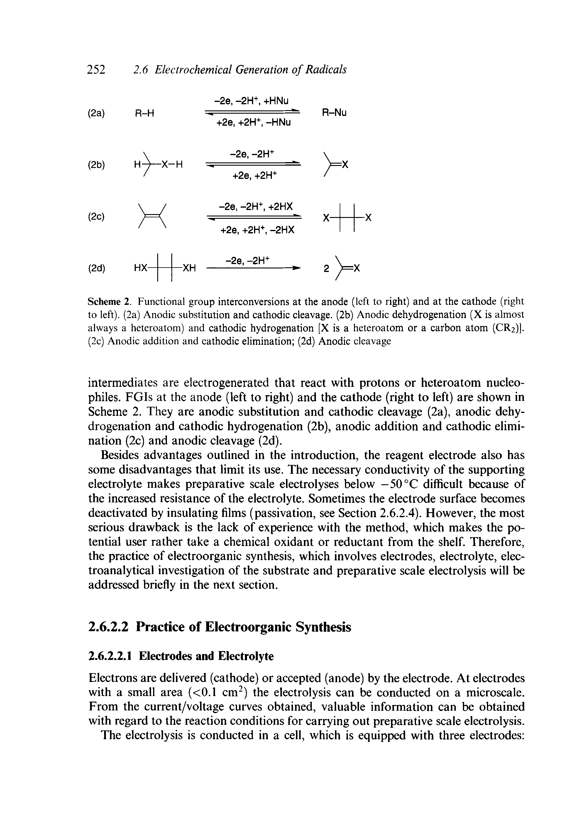 Scheme 2. Functional group interconversions at the anode (left to right) and at the cathode (right to left). (2a) Anodic substitution and cathodic cleavage. (2b) Anodic dehydrogenation (X is almost always a heteroatom) and cathodic hydrogenation [X is a heteroatom or a carbon atom (CR2)]. (2c) Anodic addition and cathodic elimination (2d) Anodic cleavage...