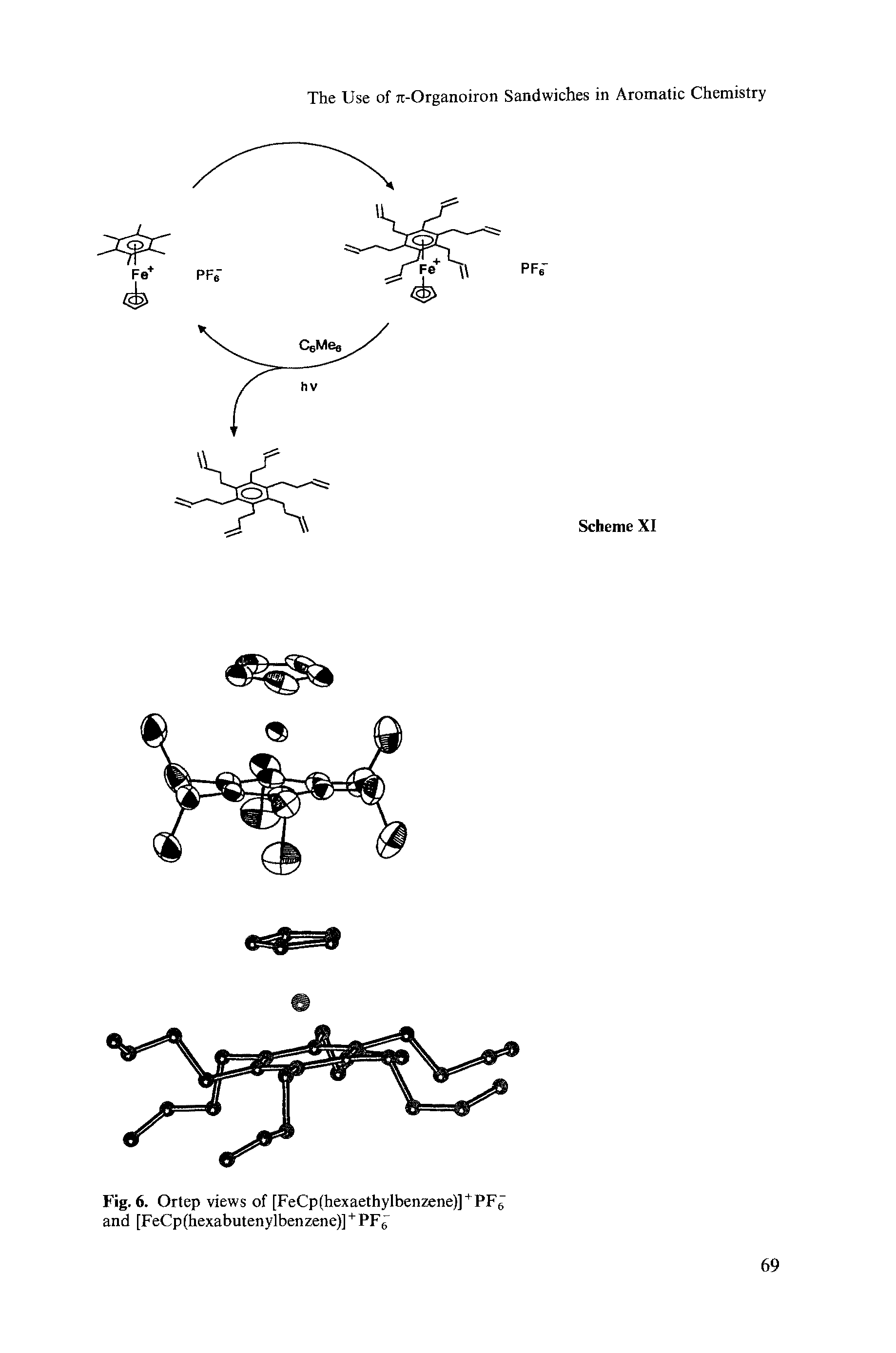 Fig. 6. Ortep views of [FeCp(hexaethylbenzene)] + PF6 and [FeCp(hexabutenylbenzene)]+ PF()...