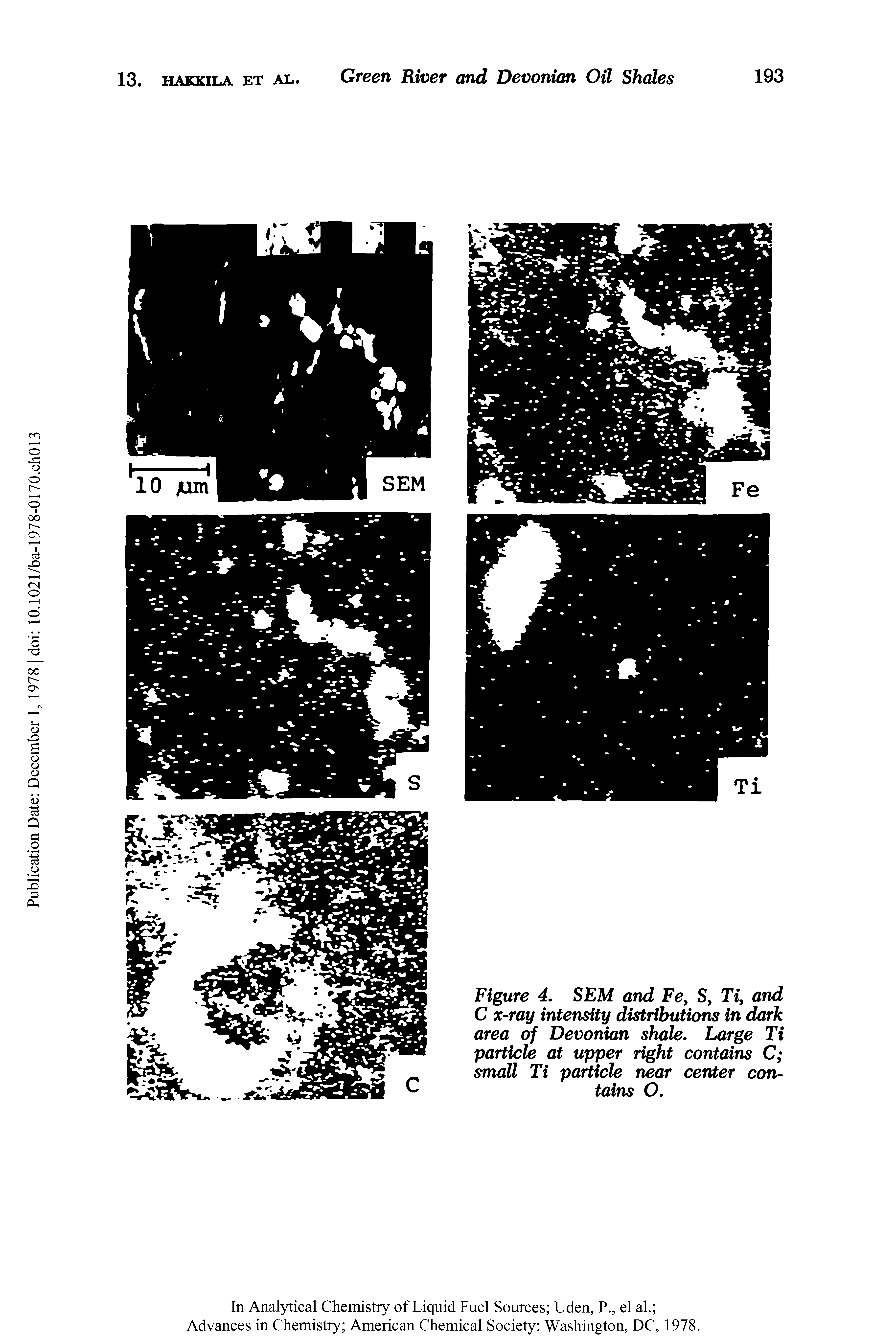 Figure 4. SEM and Fe, S, Ti, and C x-ray intensity distributions in dark area of Devonian shale. Large Ti particle at upper right contains C small Ti particle near center contains O.