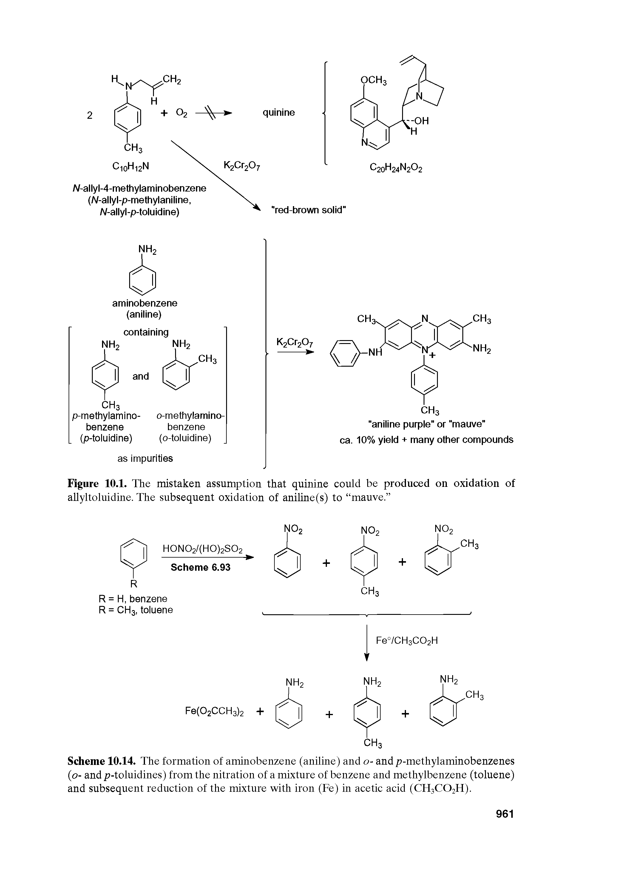 Scheme 10.14. The formation of aminobenzene (aniline) and o- and p-methylaminobenzenes (o- and p-toluidines) from the nitration of a mixture of benzene and methylbenzene (toluene) and subsequent reduction of the mixture with iron (Fe) in acetic acid (CH3CO2H).