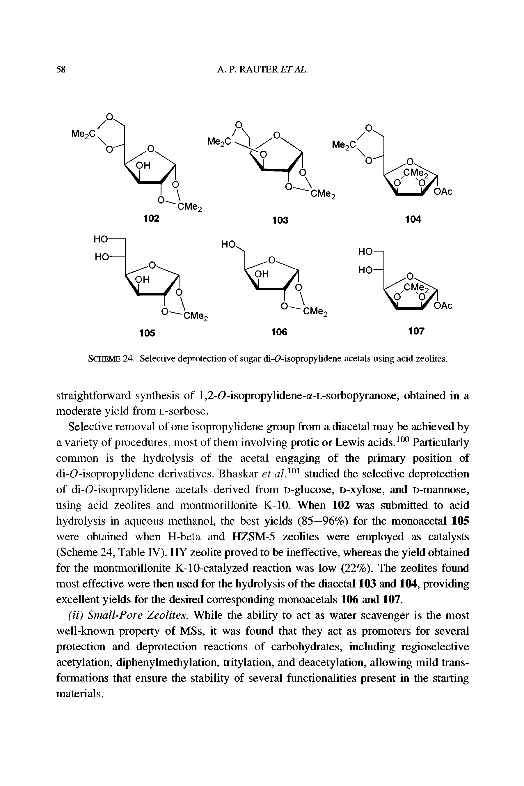 Scheme 24. Selective deprotection of sugar di-O-isopropylidene acetals using acid zeolites.