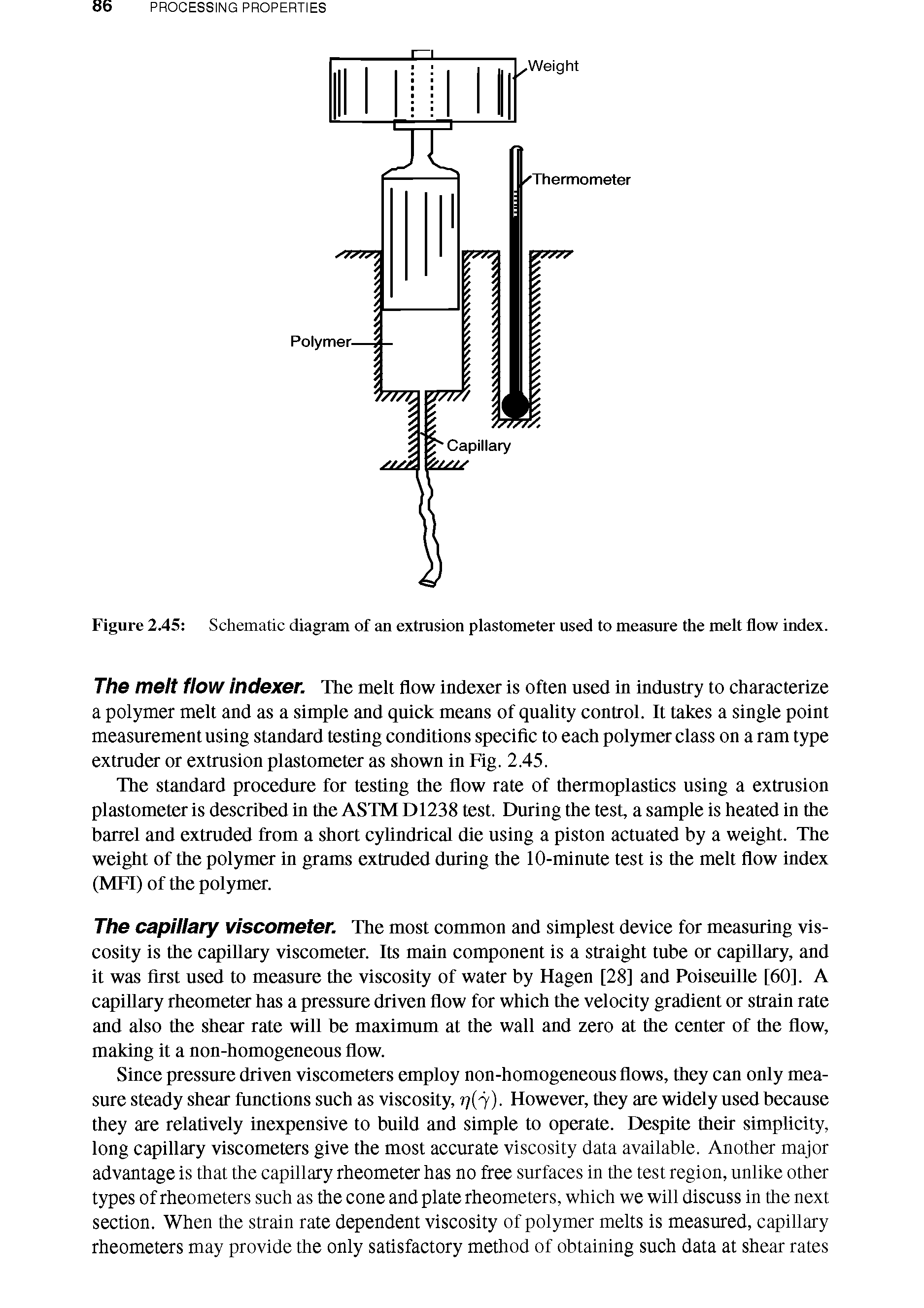 Figure 2.45 Schematic diagram of an extrusion plastometer used to measure the melt flow index.