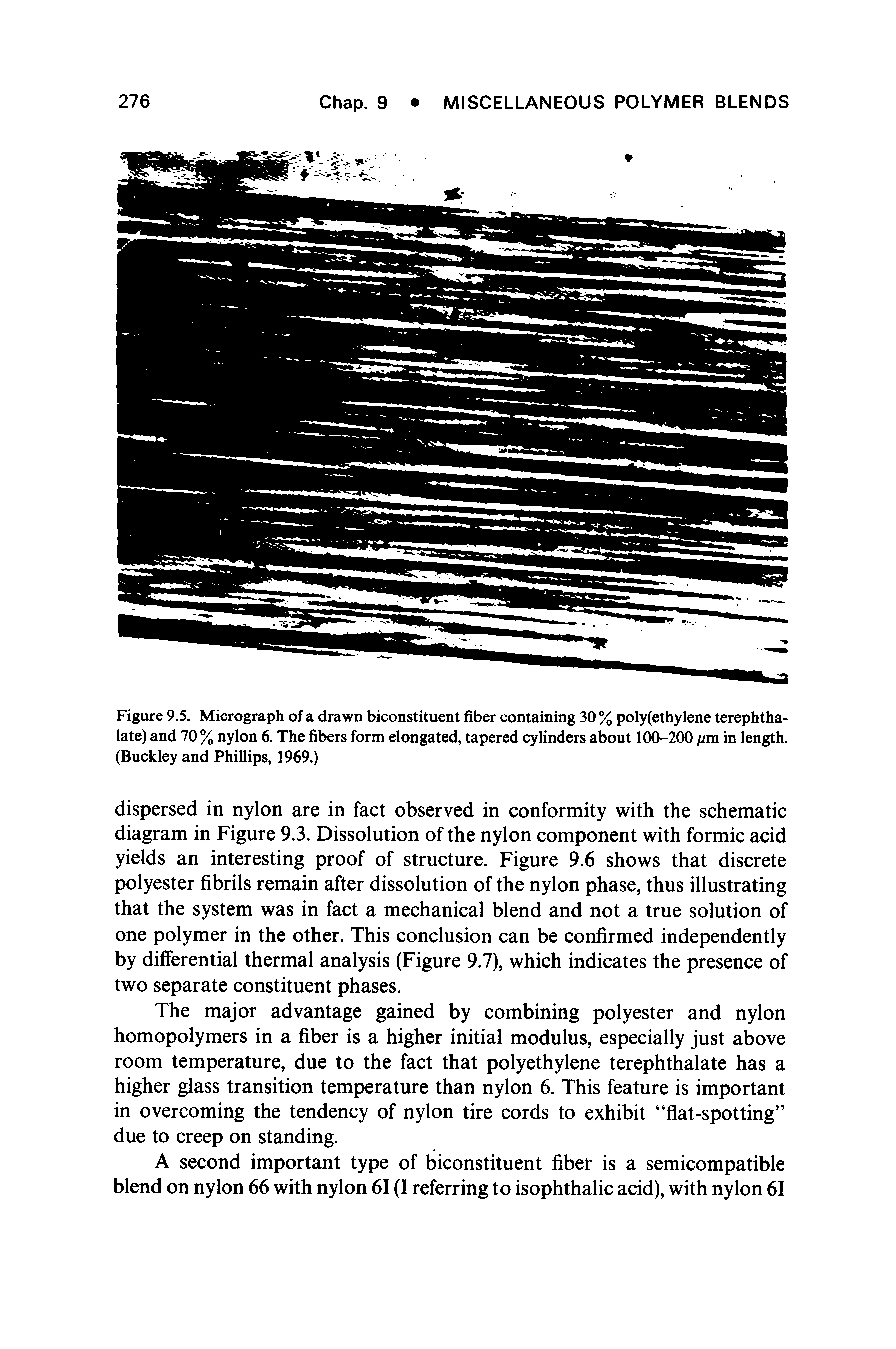 Figure 9.5. Micrograph of a drawn biconstituent fiber containing 30 % poly(ethylene terephtha-late) and 70 % nylon 6. The fibers form elongated, tapered cylinders about 100-200 //m in length. (Buckley and Phillips, 1969.)...