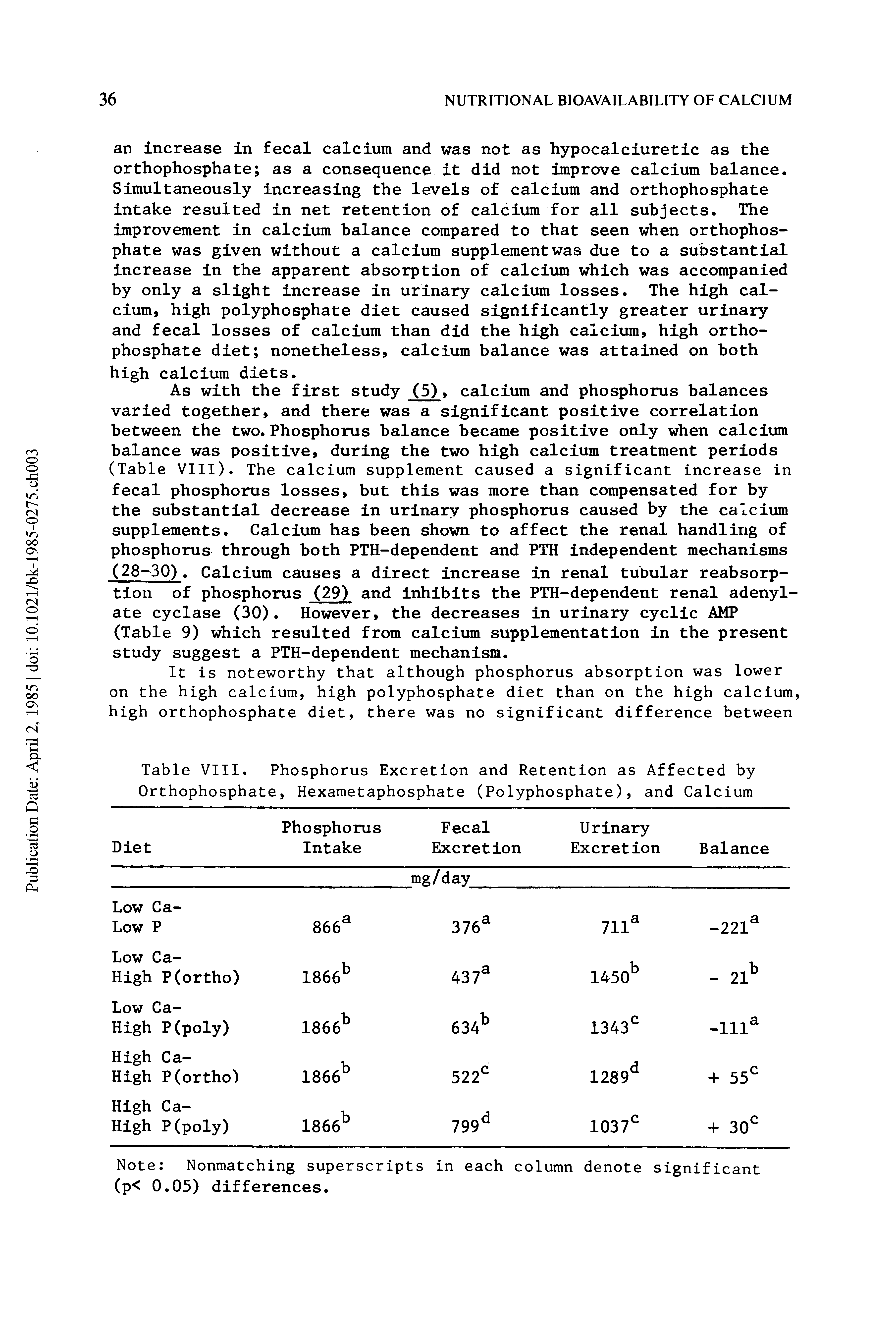 Table VIII. Phosphorus Excretion and Retention as Affected by Orthophosphate, Hexametaphosphate (Polyphosphate), and Calcium...