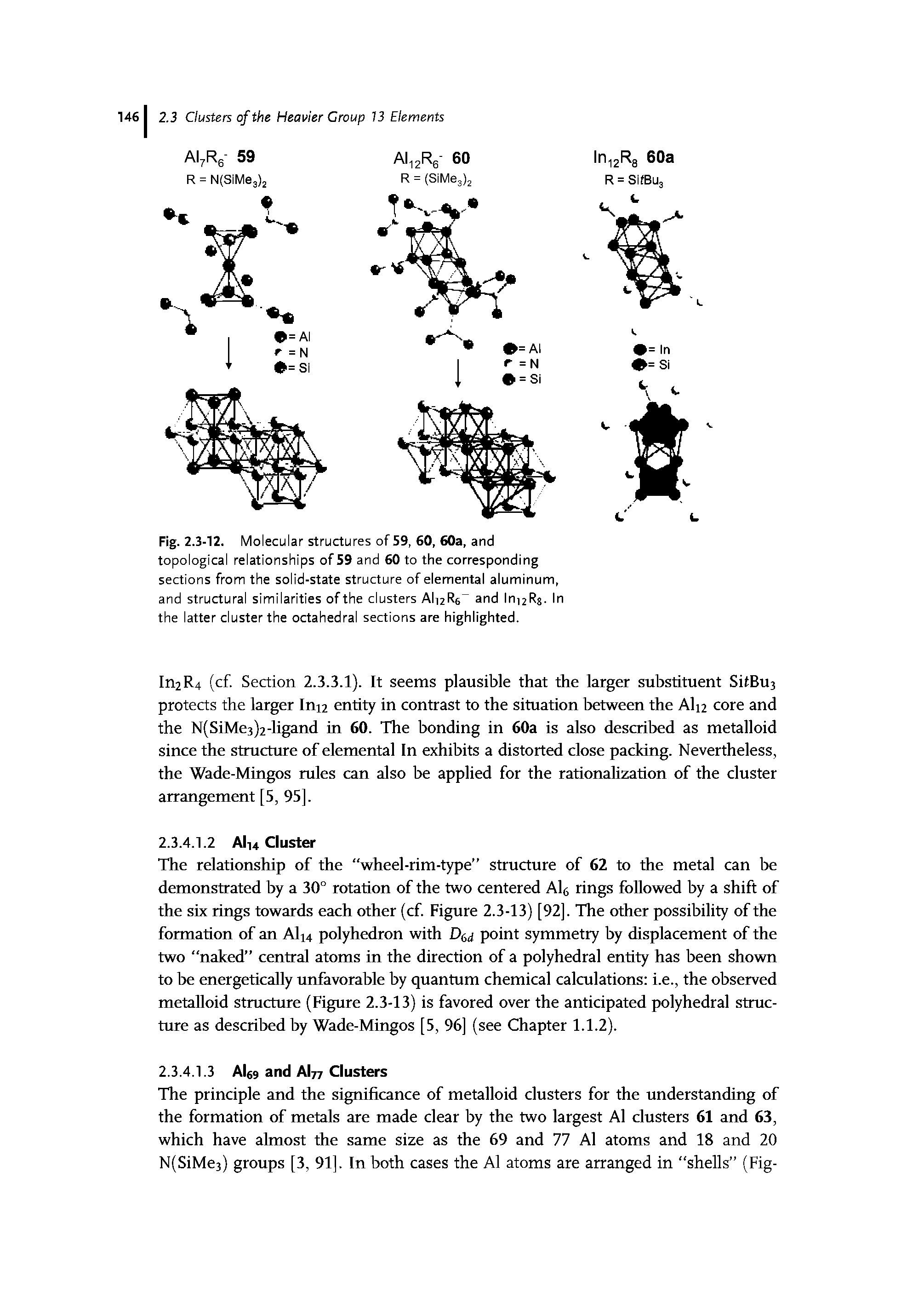 Fig. 2.3-12. Molecular structures of 59, 60, 60a, and topological relationships of 59 and 60 to the corresponding sections from the solid-state structure of elemental aluminum, and structural similarities of the clusters Ali2R6 and In Rs- In the latter cluster the octahedral sections are highlighted.