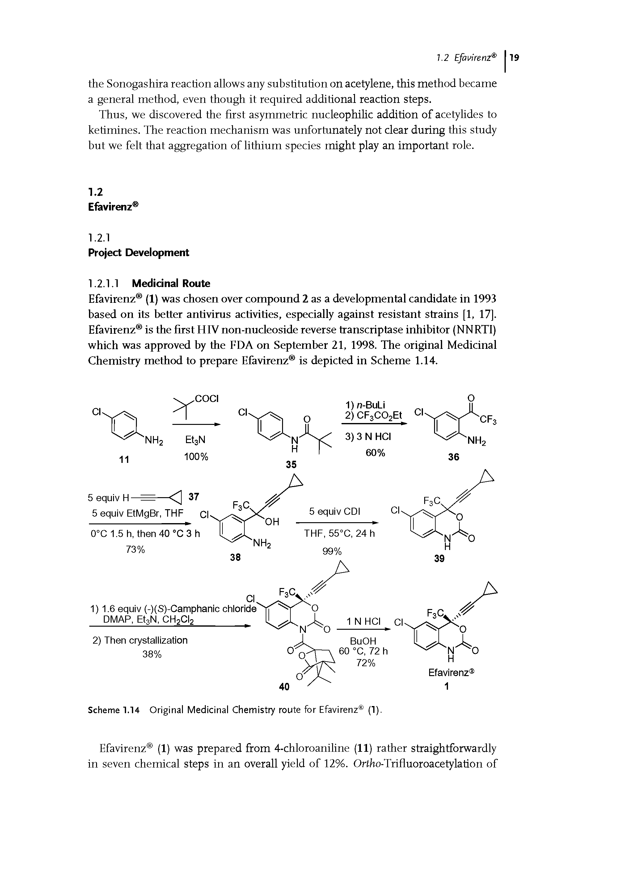 Scheme 1.14 Original Medicinal Chemistry route for Efavirenz (1).