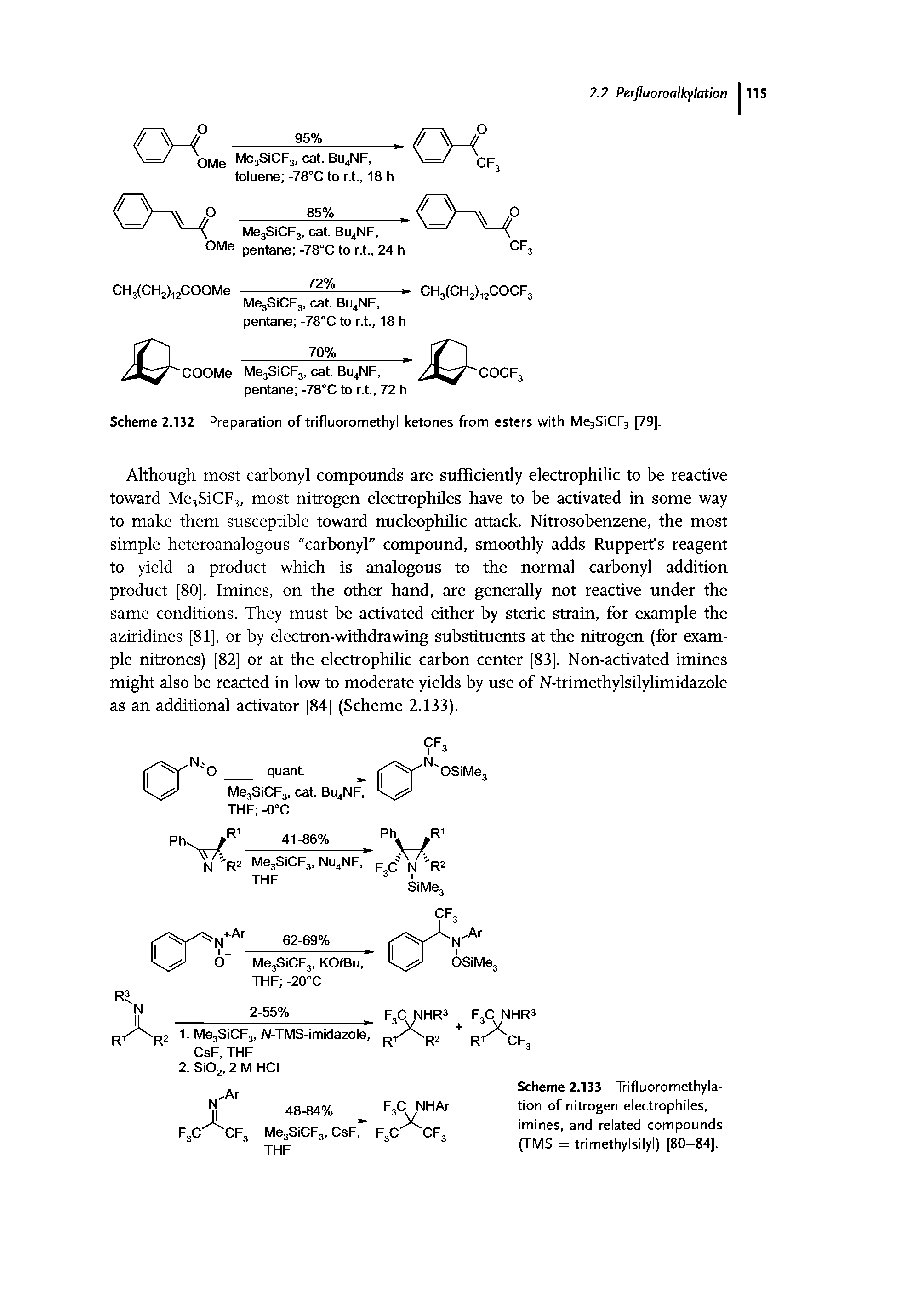 Scheme 2.133 Trifluoromethylation of nitrogen electrophiles, imines, and related compounds (TMS = trimethylsilyl) [80-84].