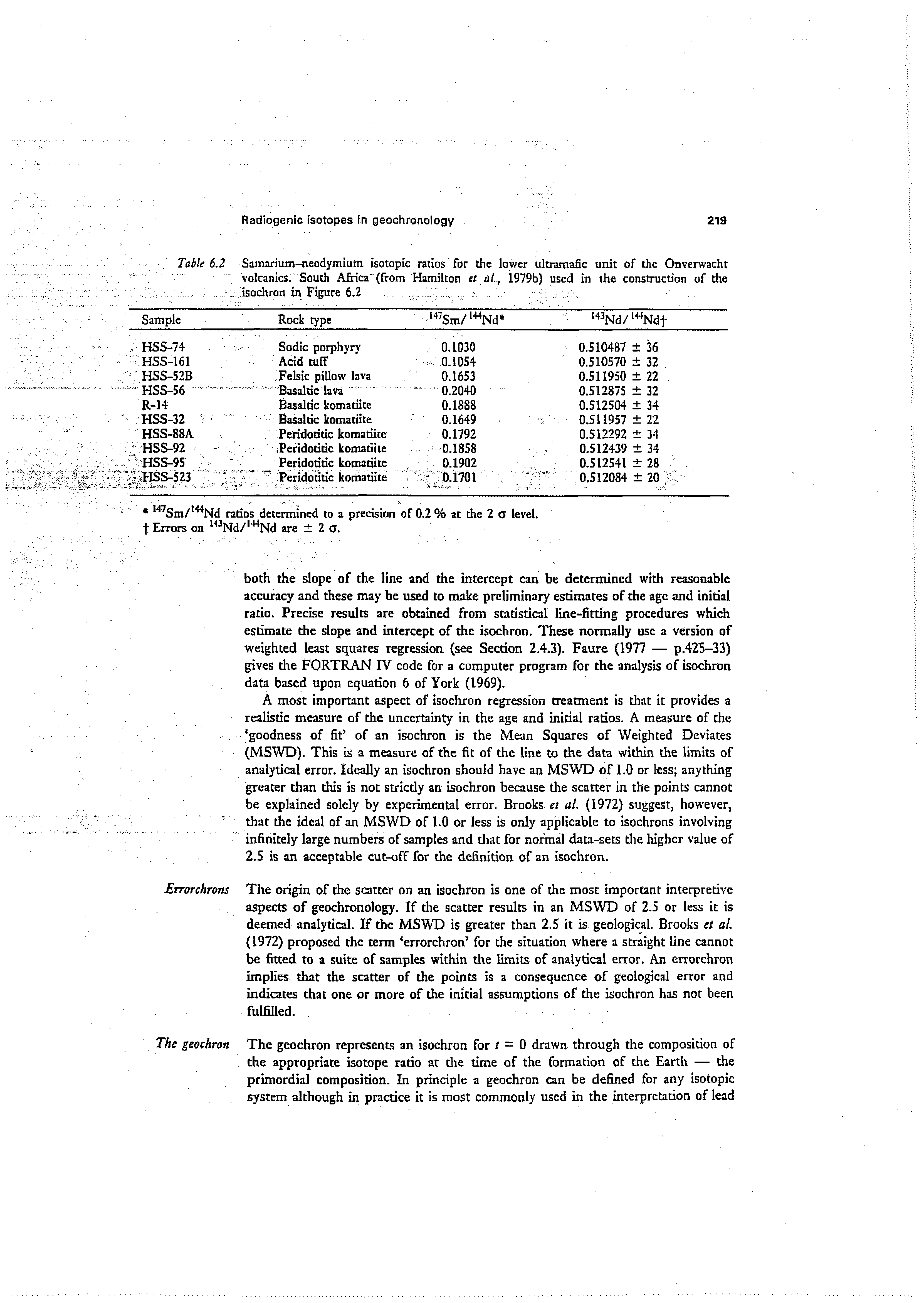 Table 6.2 Samarium-neodymium isotopic ratios for the lower ultramafic unit of the Onverwacht volcanics. South Africa (from Hamilton et aL, 1979b) used in the construction of the. isochron in Figure 6.2. . ...