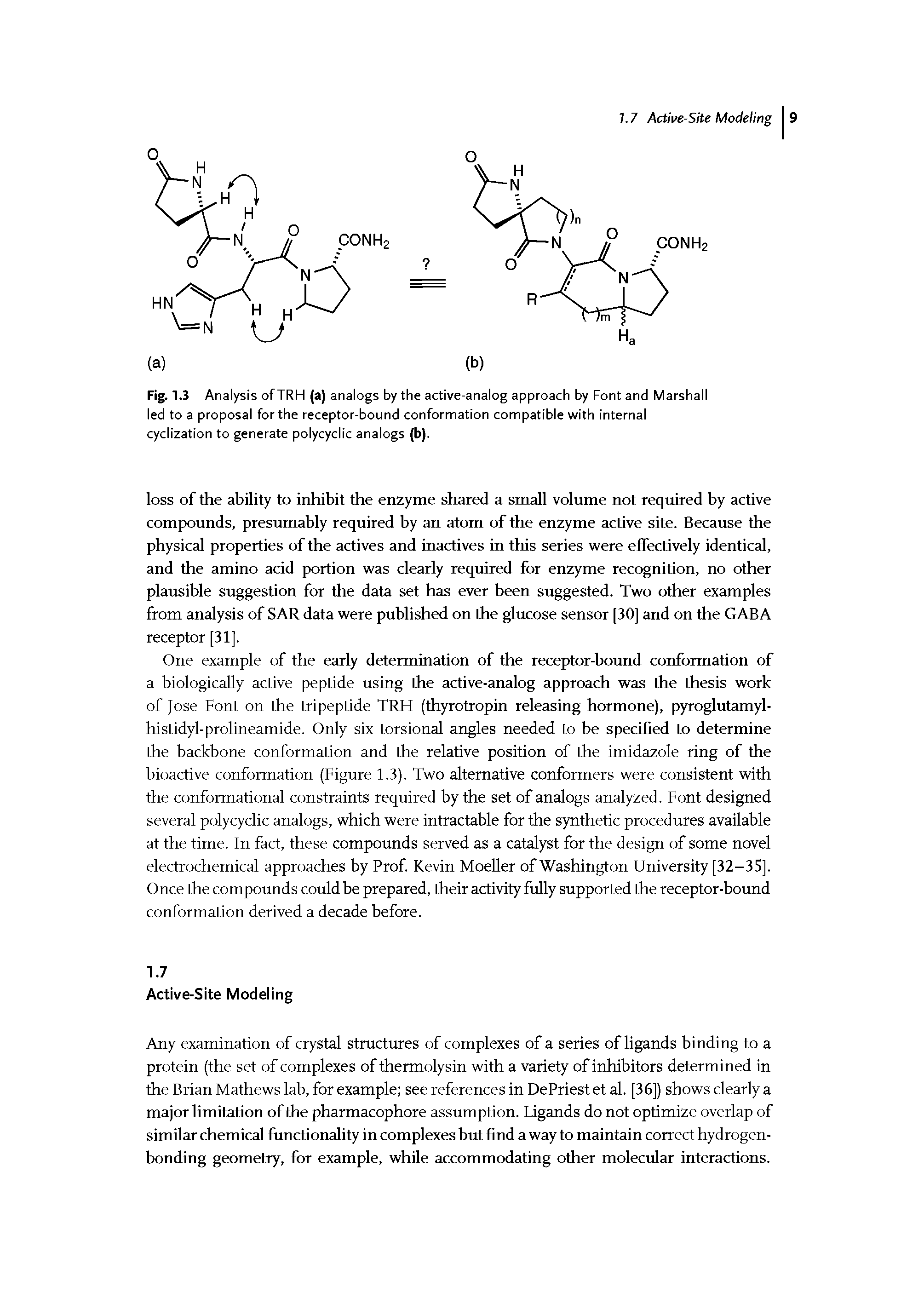 Fig. 1.3 Analysis of TRH (a) analogs by the active-analog approach by Font and Marshall led to a proposal for the receptor-bound conformation compatible with internal cyclization to generate polycyclic analogs (b).