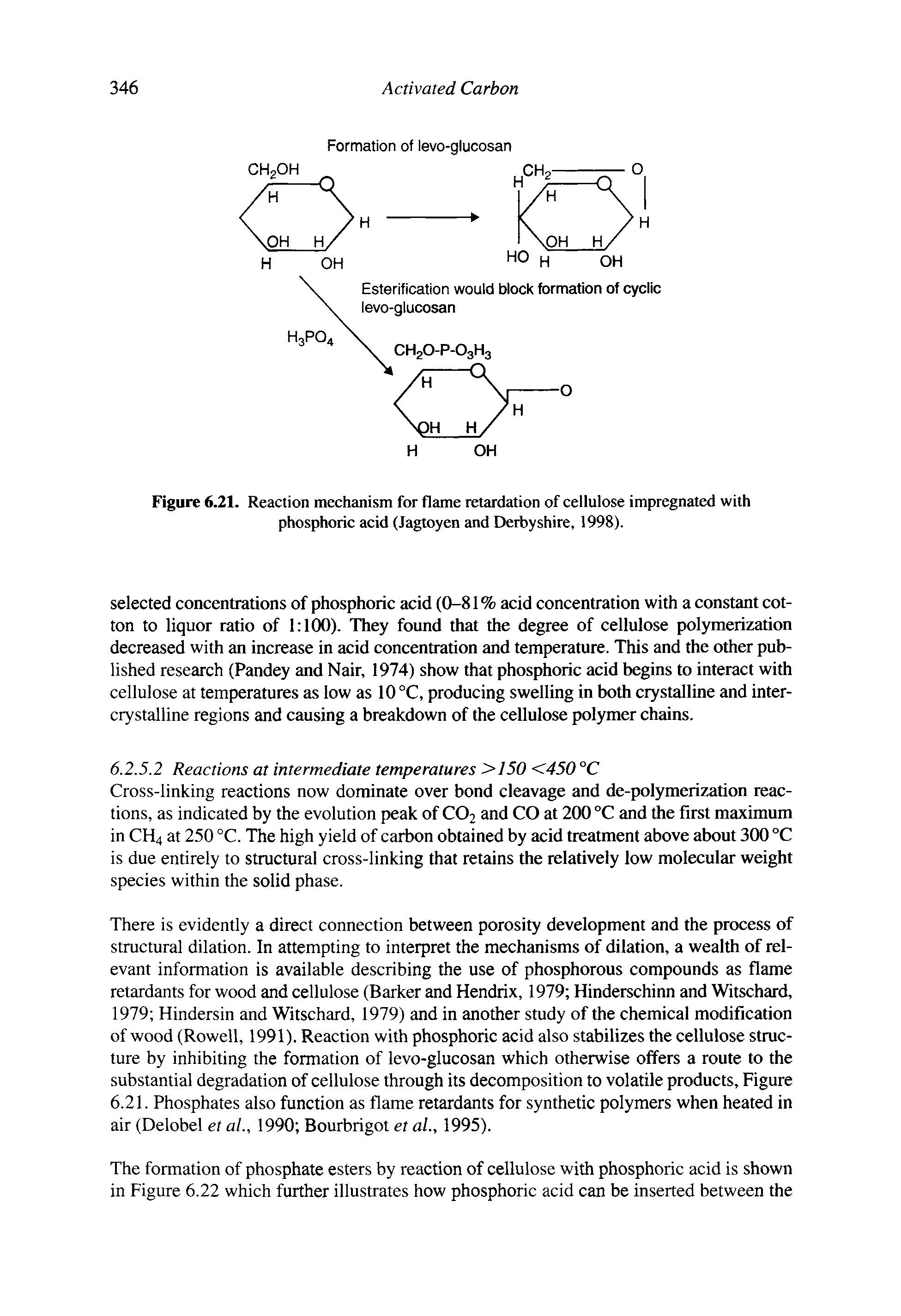 Figure 6.21. Reaction mechanism for flame retardation of cellulose impregnated with phosphoric acid (Jagtoyen and Derbyshire, 1998).