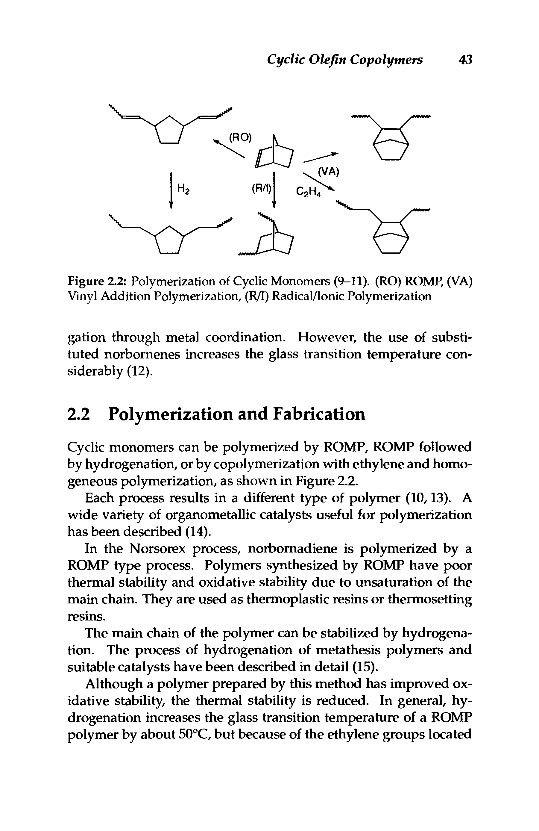 Figure 2.2 Polymerization of Cyclic Monomers (9-11). (RO) ROMP, (VA) Vinyl Addition Polymerization, (R/I) Radical/Ionic Polymerization...
