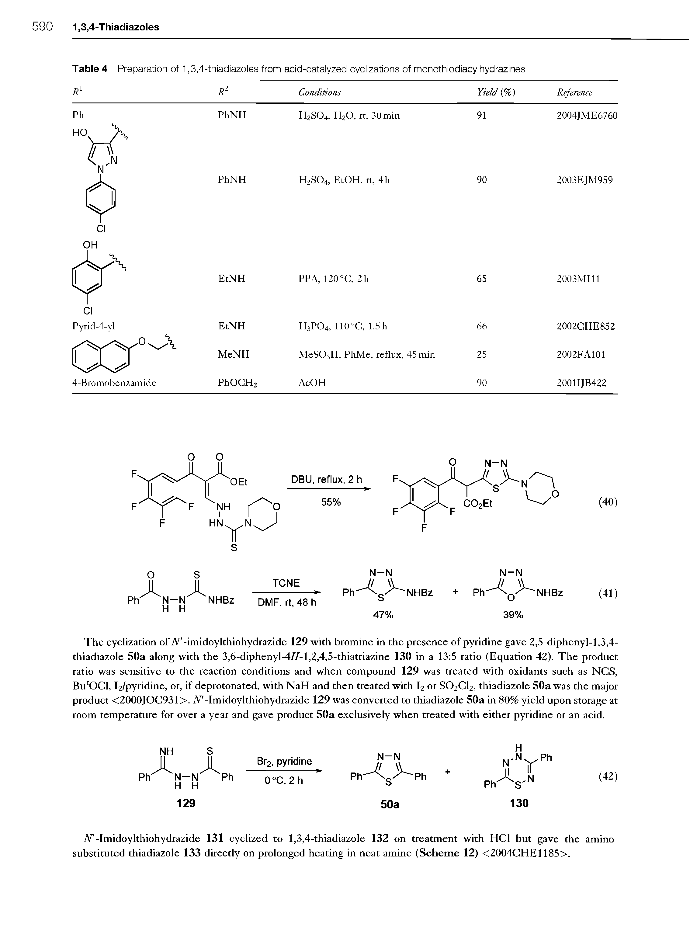 Table 4 Preparation of 1,3,4-thiadiazoles from acid-catalyzed cyclizations of monothiodiacylhydrazines...
