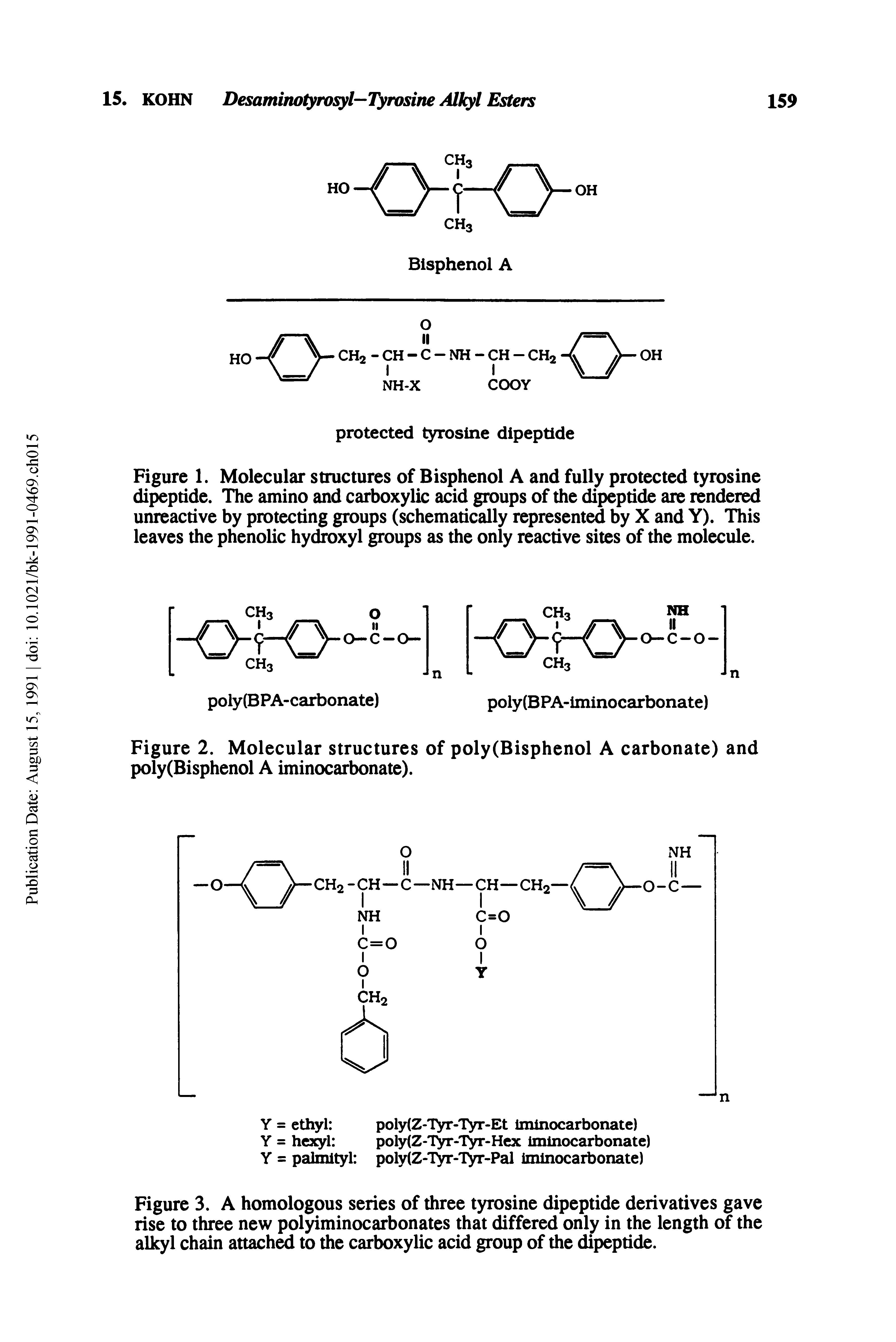 Figure 3. A homologous series of three tyrosine dipeptide derivatives gave rise to three new polyiminocarbonates that differed only in the length of the alkyl chain attached to the carboxylic acid group of the dipeptide.