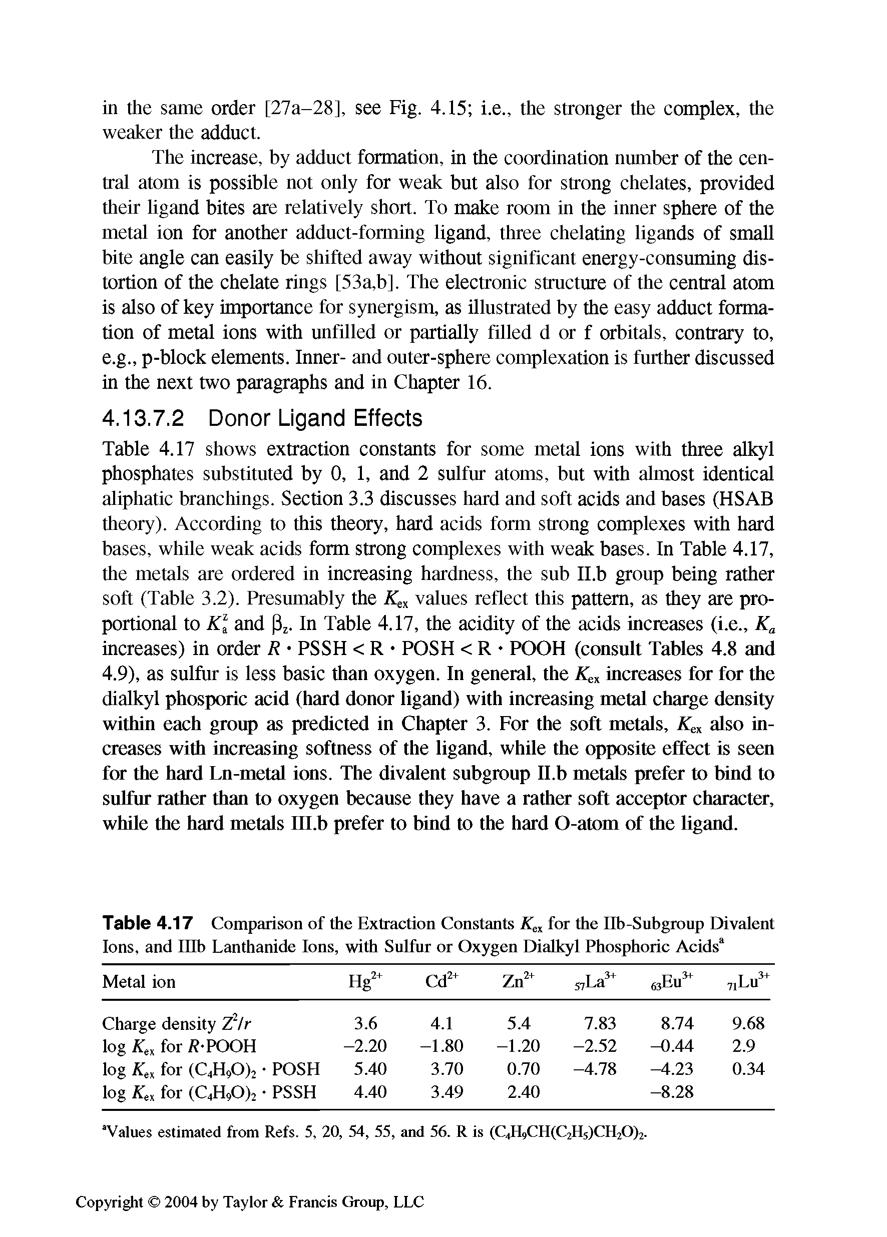 Table 4.17 Comparison of the Extraction Constants Aei for the Ilh-Suhgroup Divalent Ions, and inh Lanthanide Ions, with Sulfur or Oxygen Dialkyl Phosphoric Acids ...