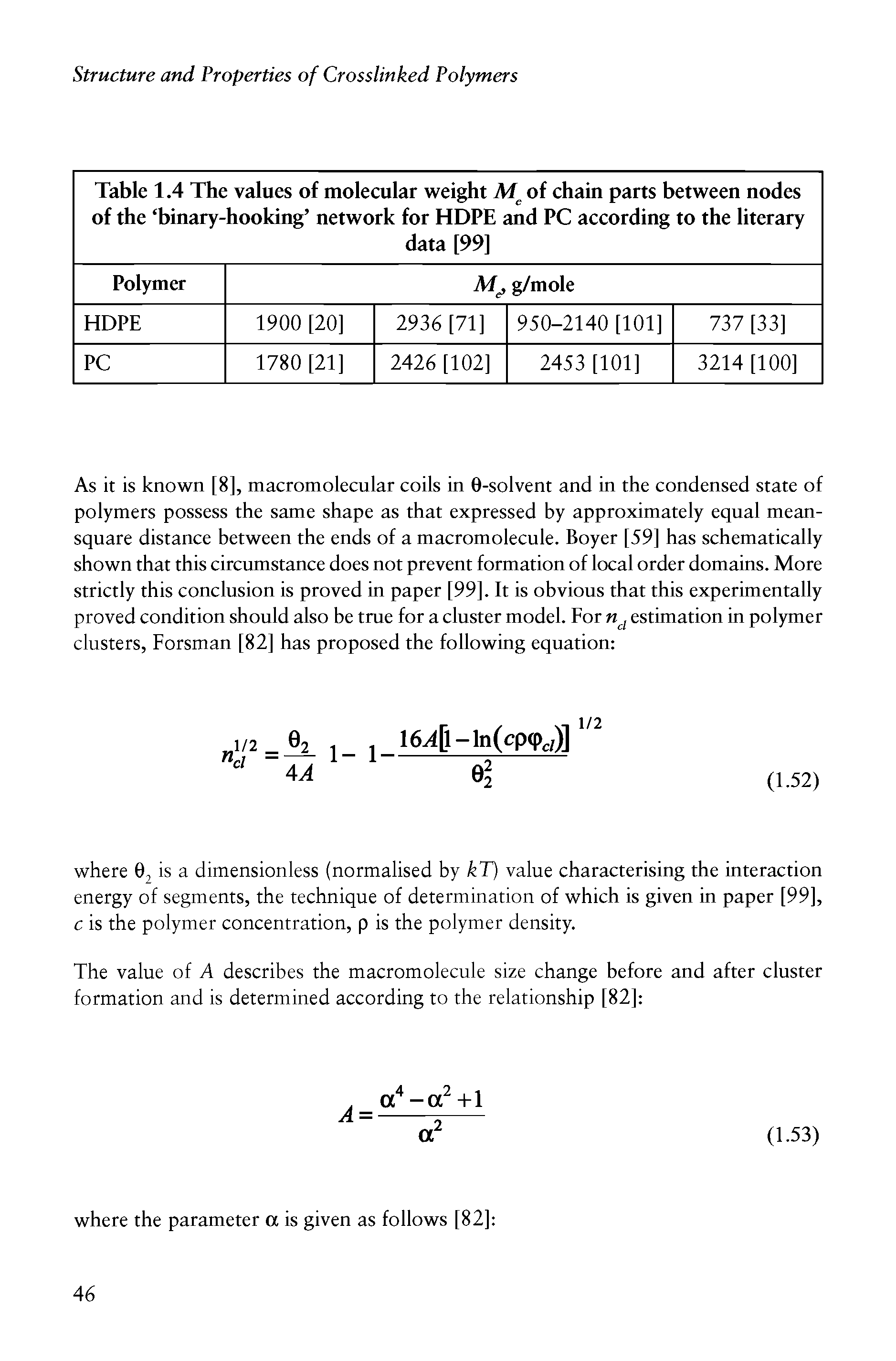 Table 1.4 The values of molecular weight Af of chain parts between nodes of the binary-hooking network for HOPE and PC according to the literary ...