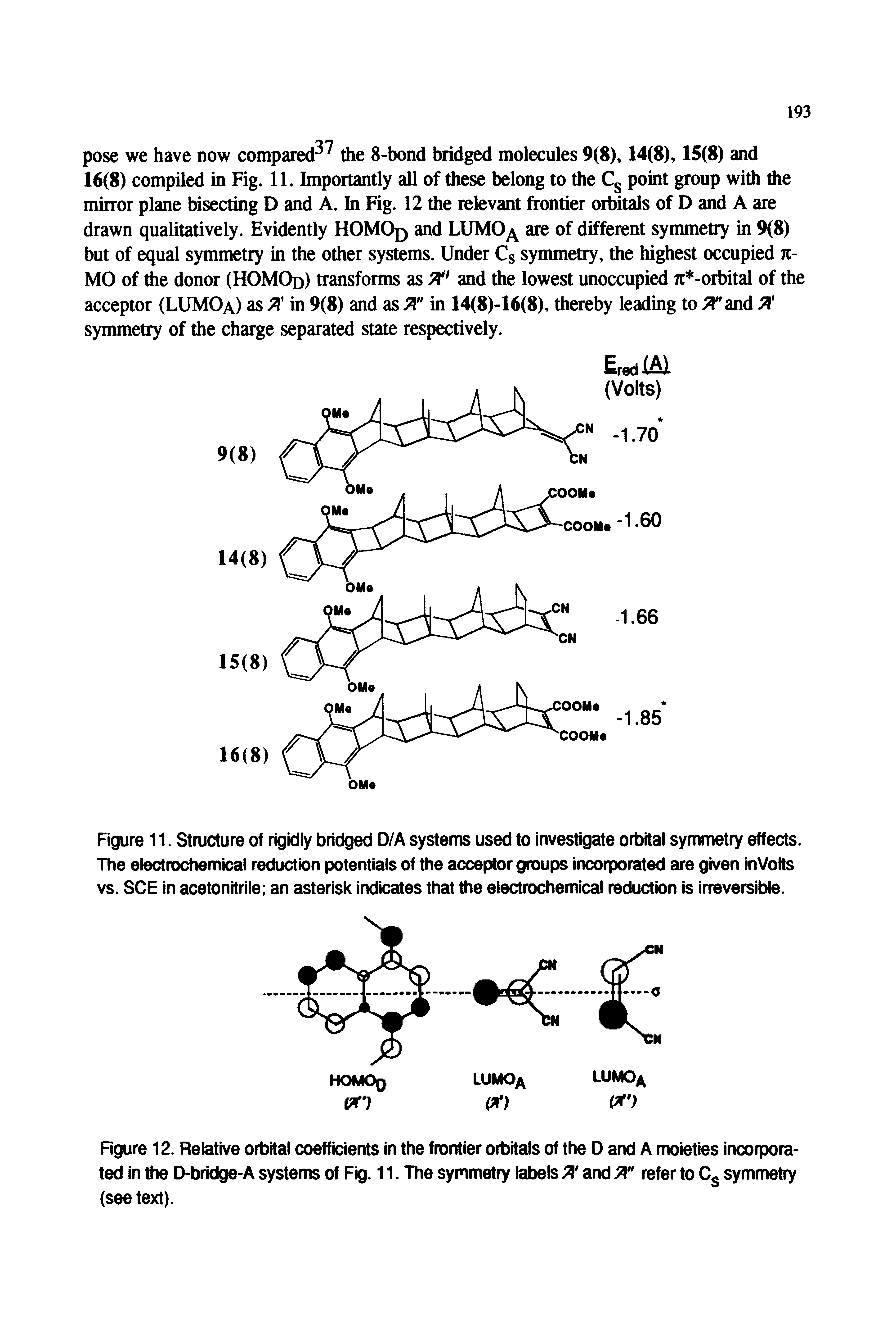 Figure 11. Structure of rigidly bridged D/A systems used to investigate orbital symmetry effects. The electrochemical reduction potentials of the acceptor groups incorporated are given inVolts vs. SCE in acetonitrile an asterisk indicates that the electrochemical reduction is irreversible.