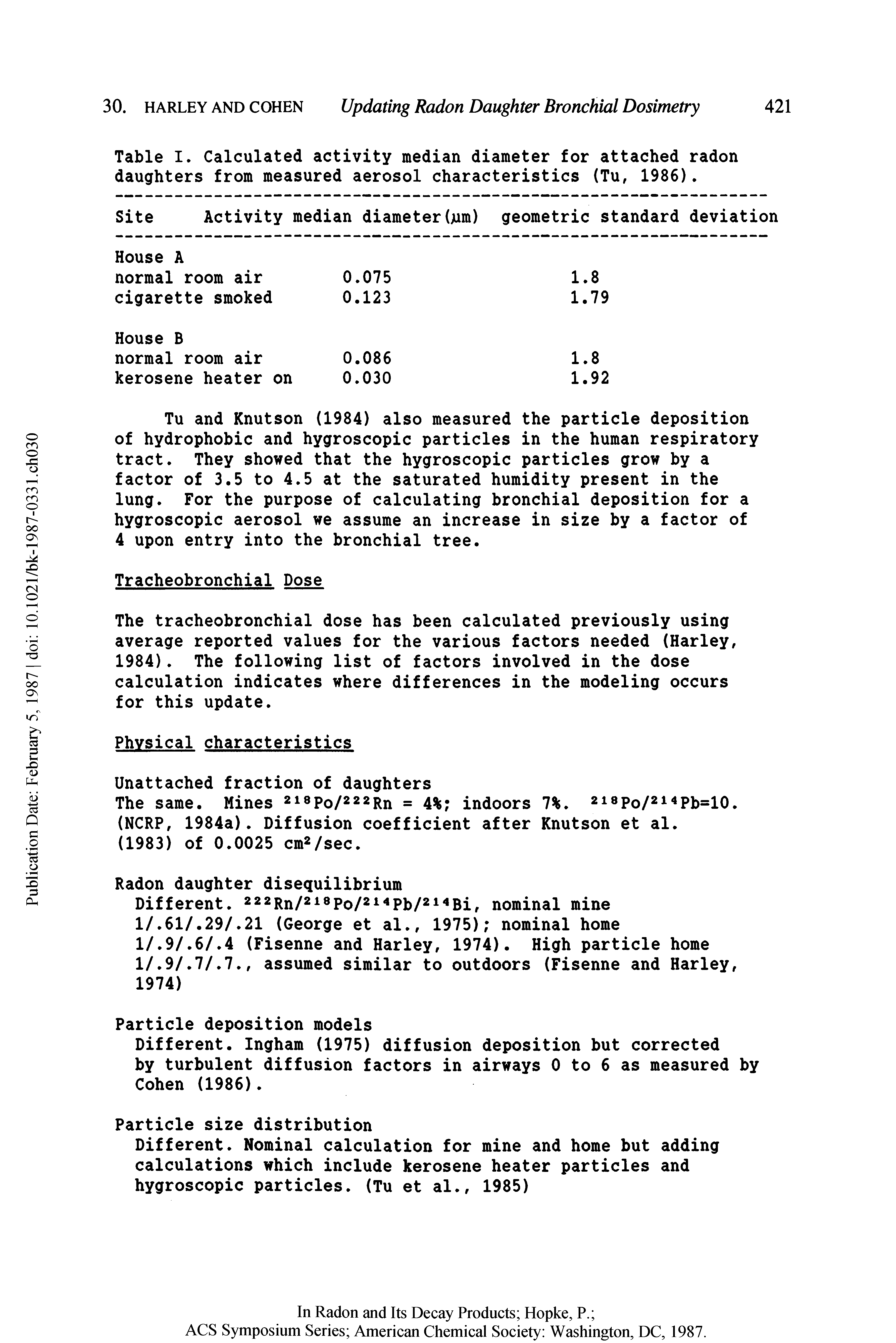 Table I. Calculated activity median diameter for attached radon daughters from measured aerosol characteristics (Tu, 1986).