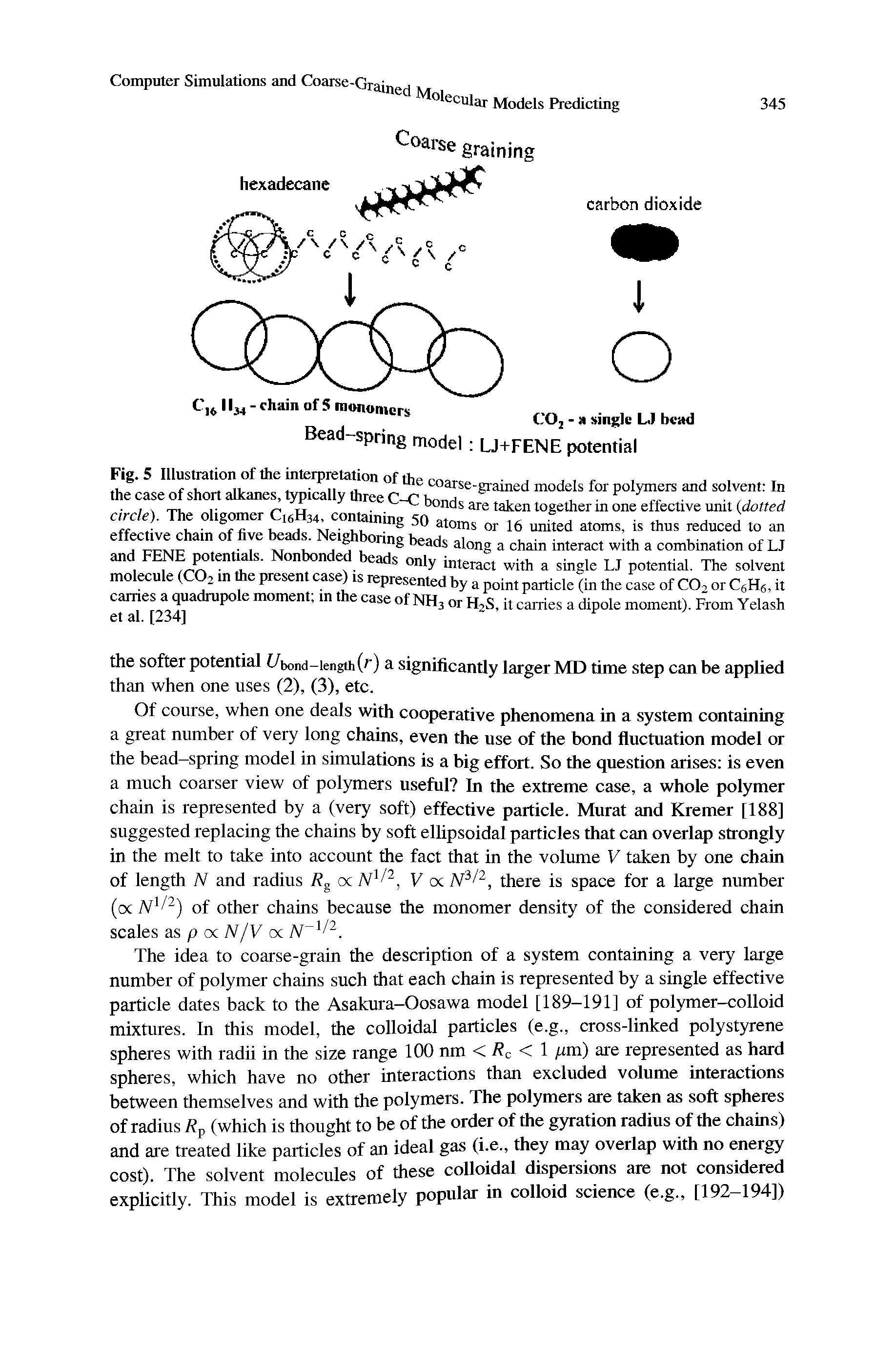 Fig. 5 Illustration of the intemrntation of the coarse-grained models for polymers and solvent In the case of short alkane typically threeC-C bonds are taken together in L effective unit (dotted arcle). The oligomer Q5H34 Cont u,g 50 toms or 16 united atoms, is thus rnduced to an ° XT y 4 4 onng beads along a chain interact with a combination of LJ...