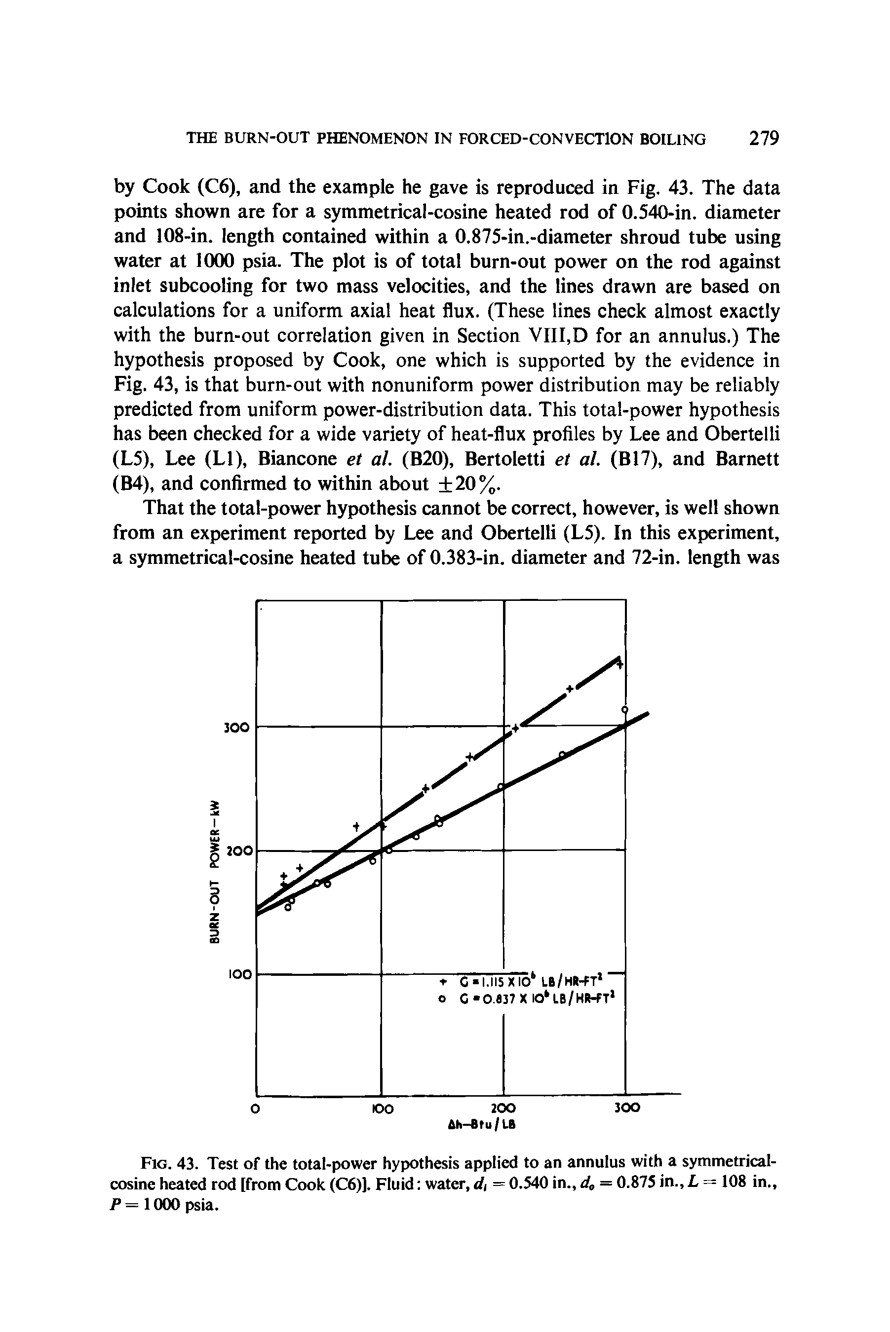Fig. 43. Test of the total-power hypothesis applied to an annulus with a symmetrical-cosine heated rod [from Cook (C6)]. Fluid water, d, = 0.540 in., d = 0.875 in., L = 108 in., P = 1000 psia.