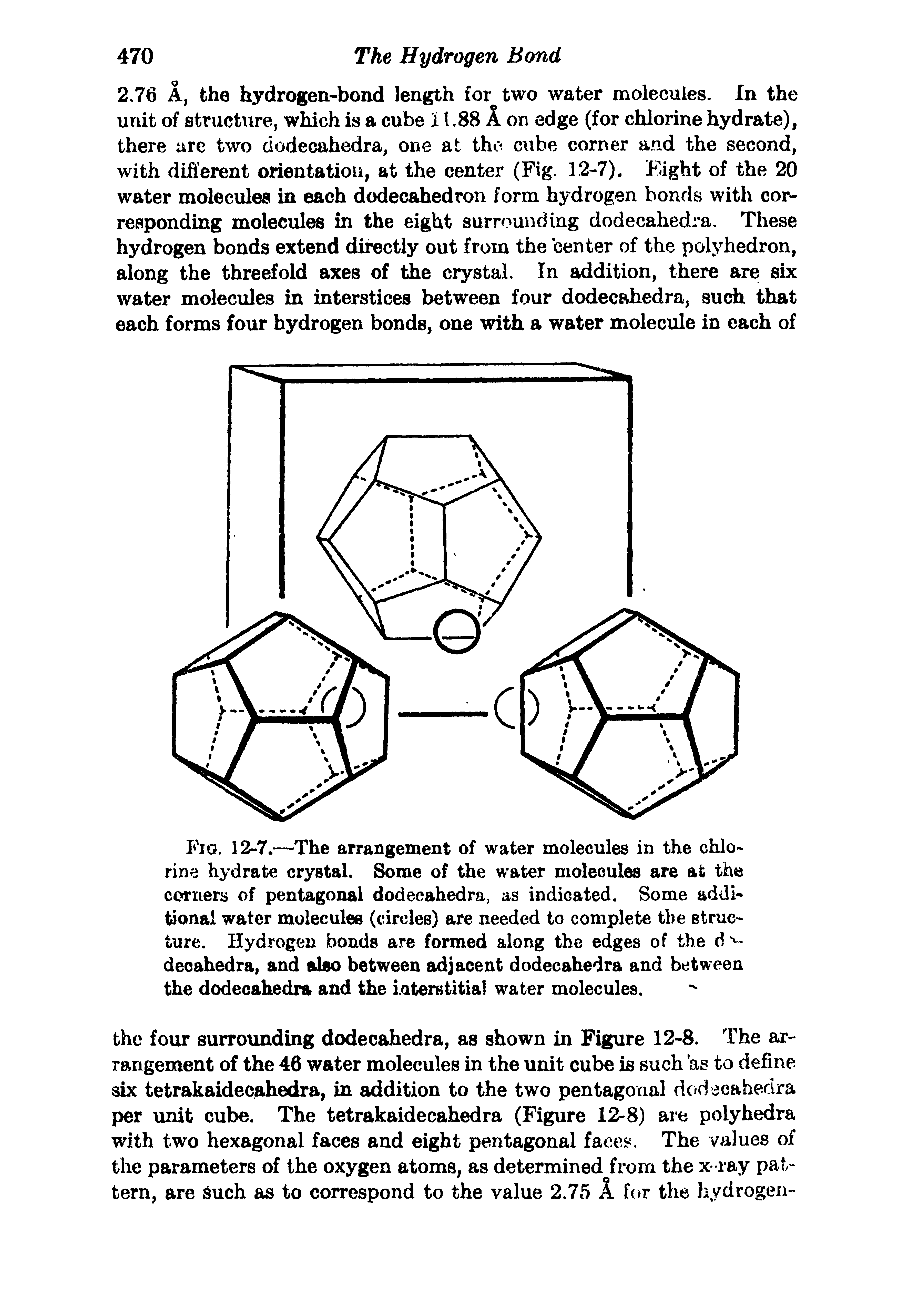 Fig. 12-7.—The arrangement of water molecules in the chlorine hydrate crystal. Some of the water molecules are at the corners of pentagonal dodecahedra, as indicated. Some additional water molecules (circles) are needed to complete the structure. Hydrogen bonds are formed along the edges of the d decahedra, and also between adjacent dodecahedra and between the dodecahedra and the interstitial water molecules.