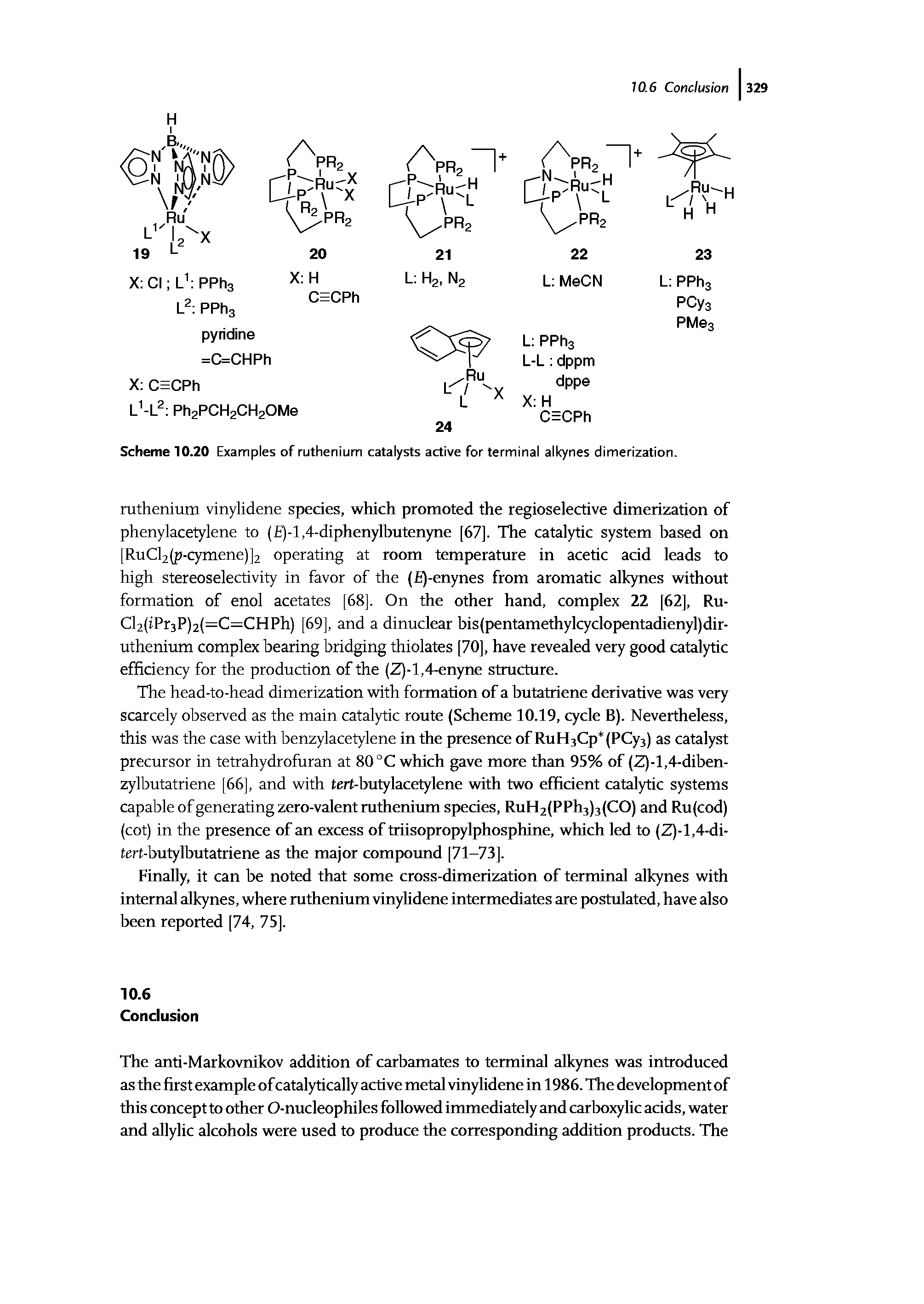 Scheme 10.20 Examples of ruthenium catalysts active for terminal alkynes dimerization.